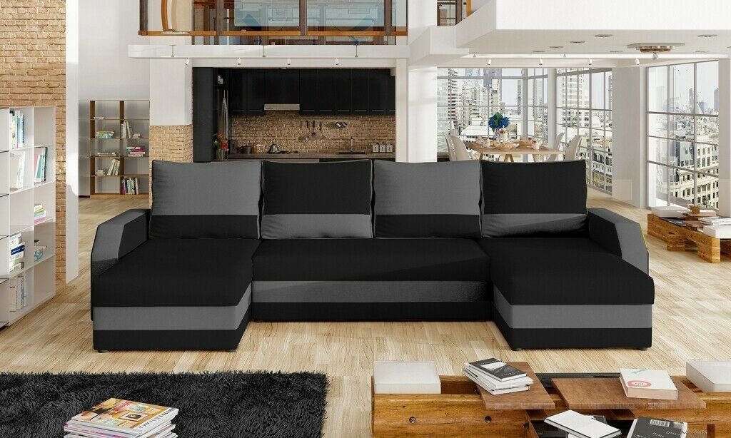 JVmoebel Ecksofa Eck Stoff Ecksofa U-Form Sofa Couch Design Textil Couch, Made in Europe Schwarz/Grau