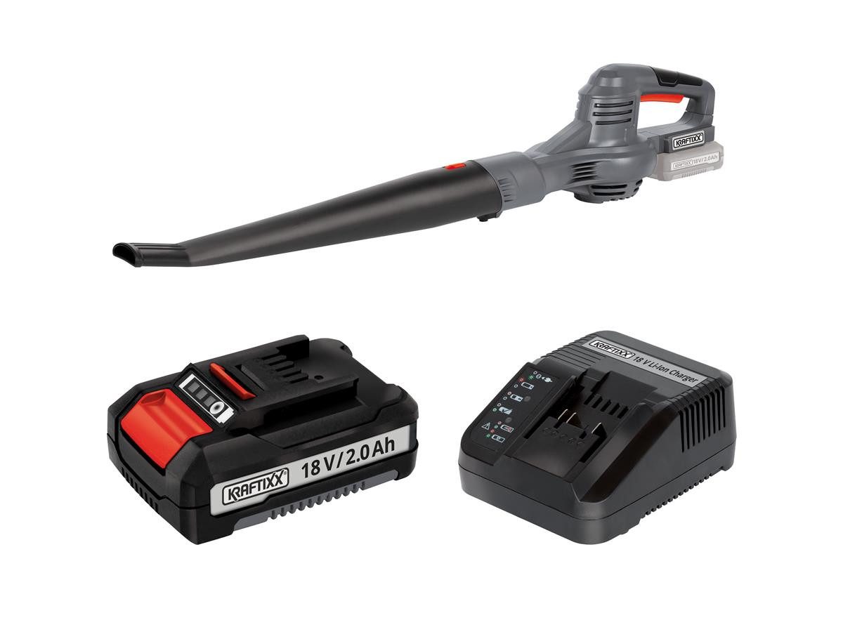 KRAFTIXX® Akku-Laubbläser KX-ALB 1821 Li 18V, (Set, 3 St., Inkl. 2,0 Ah Akku & Ladegerät, 210 km/h Blasgeschwindigkeit), kompatibel mit Einhell Power X-Change Akkusystem
