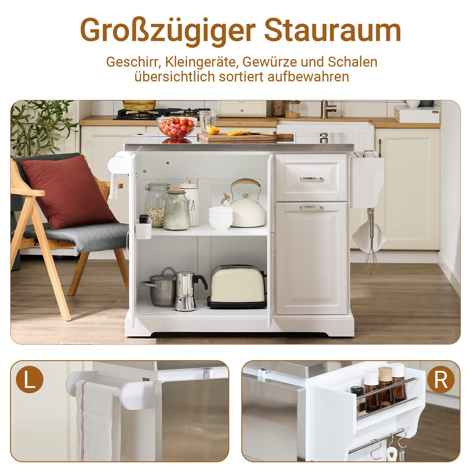SoBuy Küchenwagen FKW128-II, Klappwagen mit Edelstahl-Arbeitsplatte, Stauraum, (1er Set), Klappbarer Wagen mit Ablagefach und Schublade, weiß matt lackiert