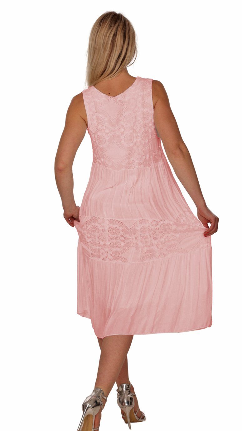Charis Moda Sommerkleid Trägerkleid Midi Rosa Häkelspitzendetails mit