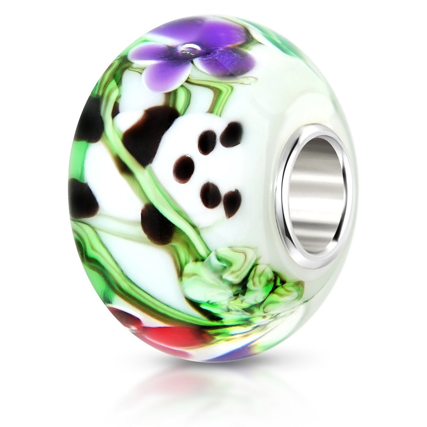 Materia Bead Glasperle XXL weiß Panda Blumen Sommer multicolor 925 Silber 1465, Kern aus 925 Sterling Silber
