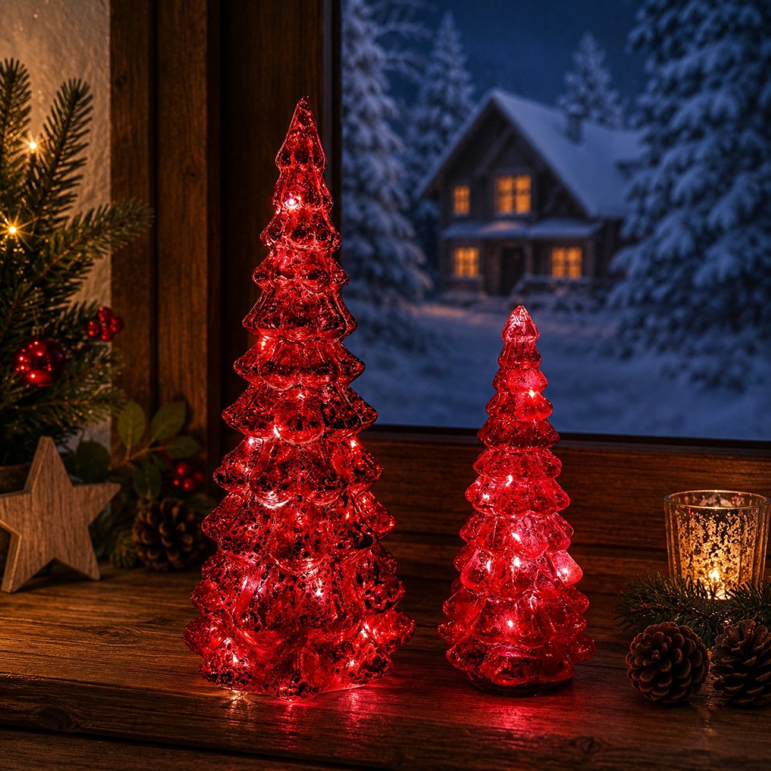 Online-Fuchs LED-Dekofigur Tannenbaum Set aus Glas mit LED-Lichterkette & Timer - Weihnachtsdeko (warmweiße Beleuchtung, in 4 Farben erhältlich), inklusive praktischer 6-Stunden Timerfunktion