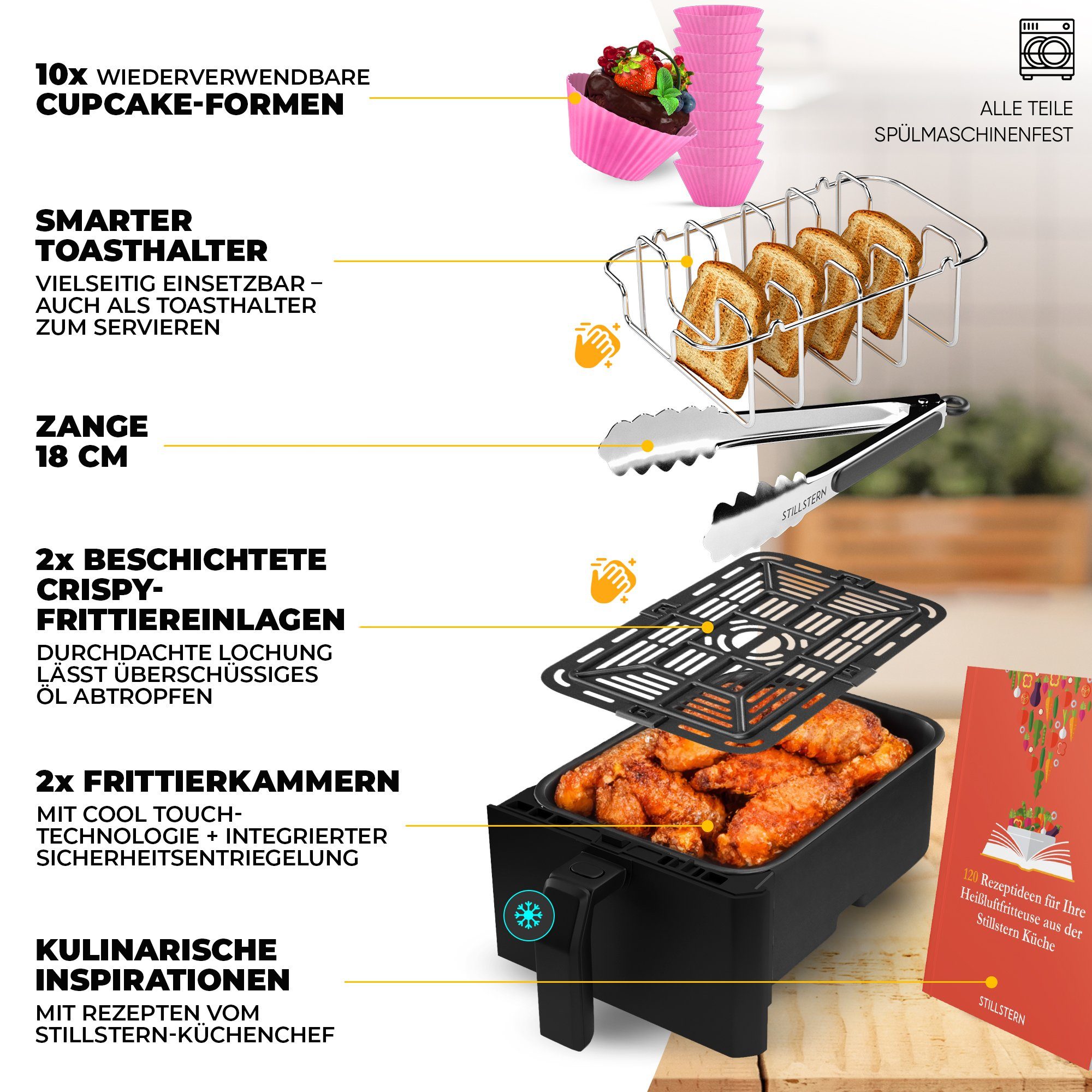 Stillstern Heißluftfritteuse, 2400 W, Backofen, Dörrautomat, Grill, Warmhalten&Auftauen