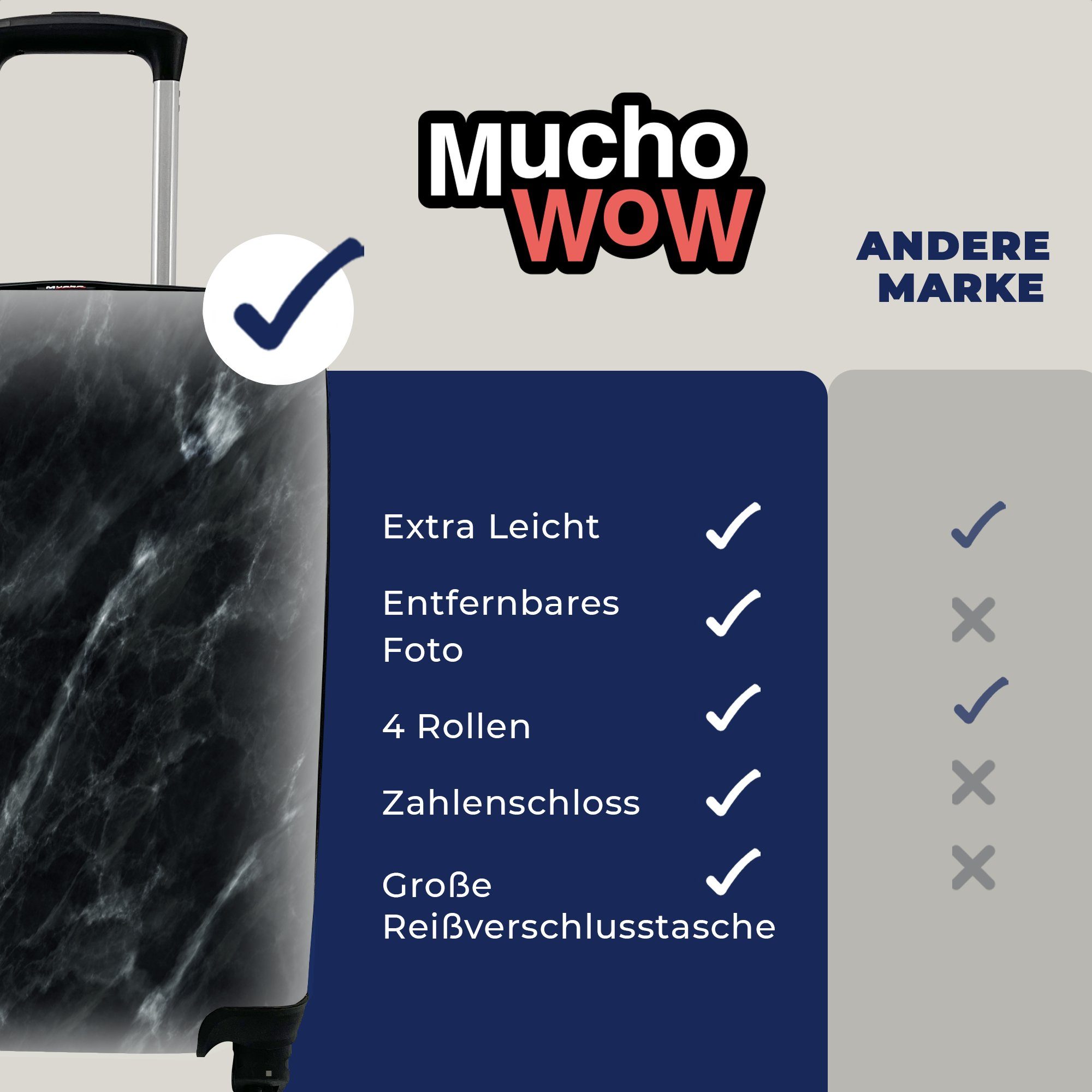 Rollen, Trolley, für Luxus, mit 4 Handgepäck Marmor Ferien, Schwarz Reisekoffer MuchoWow - - rollen, Handgepäckkoffer Reisetasche