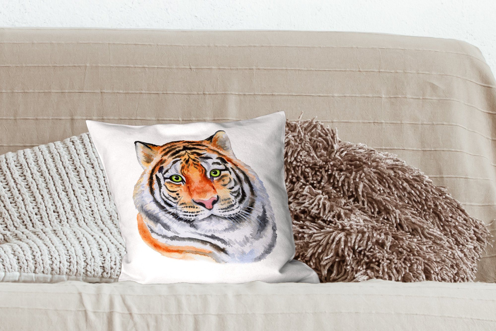 Augen Wohzimmer, Dekokissen Zierkissen Sofakissen Schlafzimmer, mit - Grün, MuchoWow Deko, Füllung für - Tiger