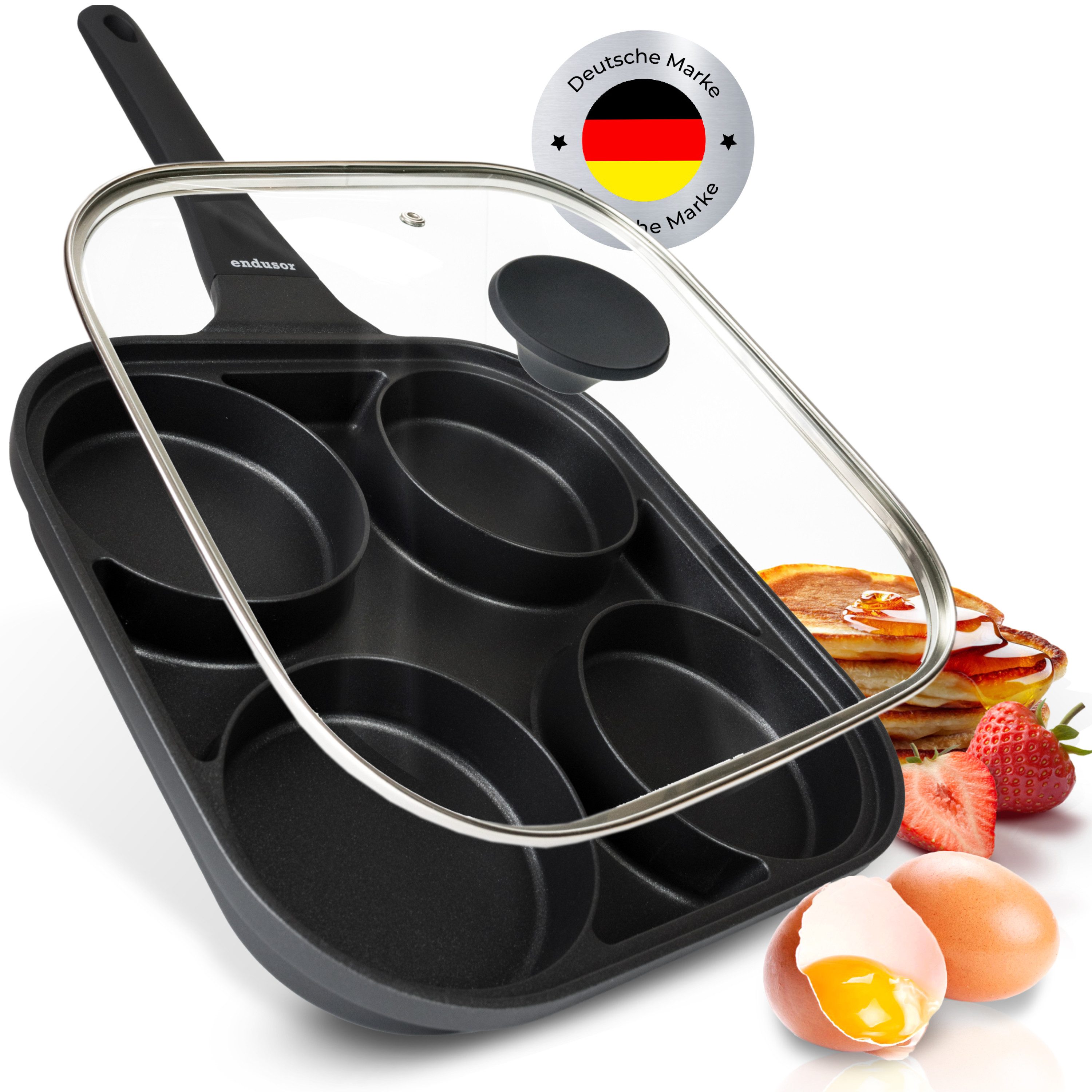 endusor Bratpfanne Spiegeleipfanne Pancake Pfanne (27cm), Aluminiumguss (inkl. Glasdeckel, Alle Herdarten auch Induktion), Antihaft-Beschichtung & Eisenkernboden für Spiegelei, Pancakes & Mehr