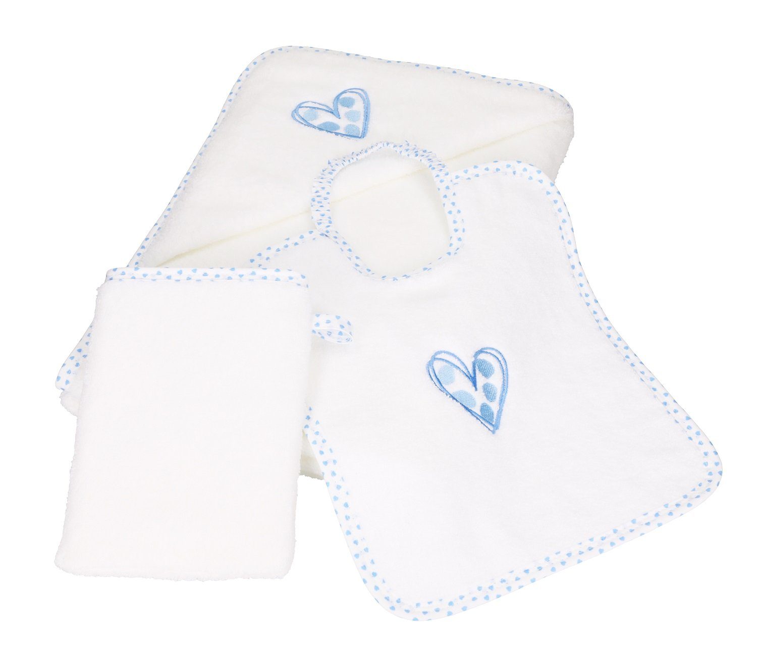 Betz Kapuzenhandtuch 3tlg. Babyset Baumwolle Waschhandschuh, Kinderbadetuch weiß-blau 100% 1 Lätzchen 1 Herzchen 1