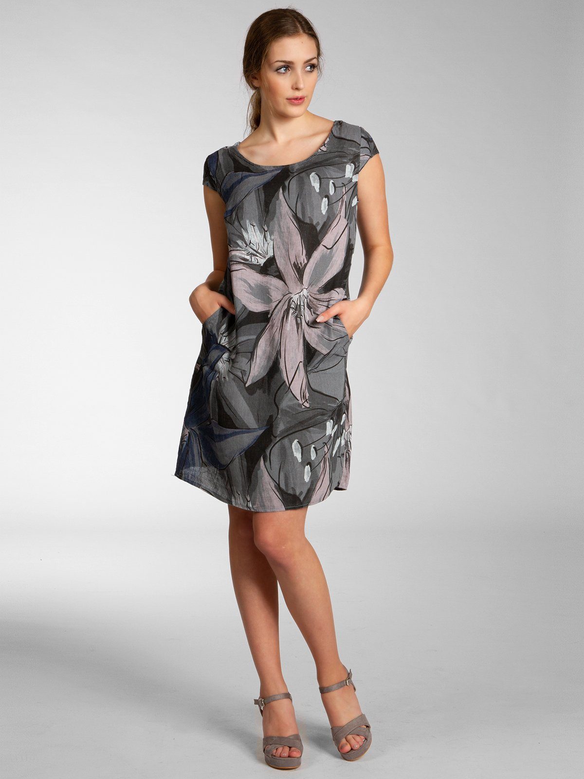 Caspar Sommerkleid SKL035 knielanges elegantes Damen Leinenkleid mit Blüten Print Luftig leicht, figurumspielende Form, mit seitlichem Jersey-Einsatz – Bild 2 von 5