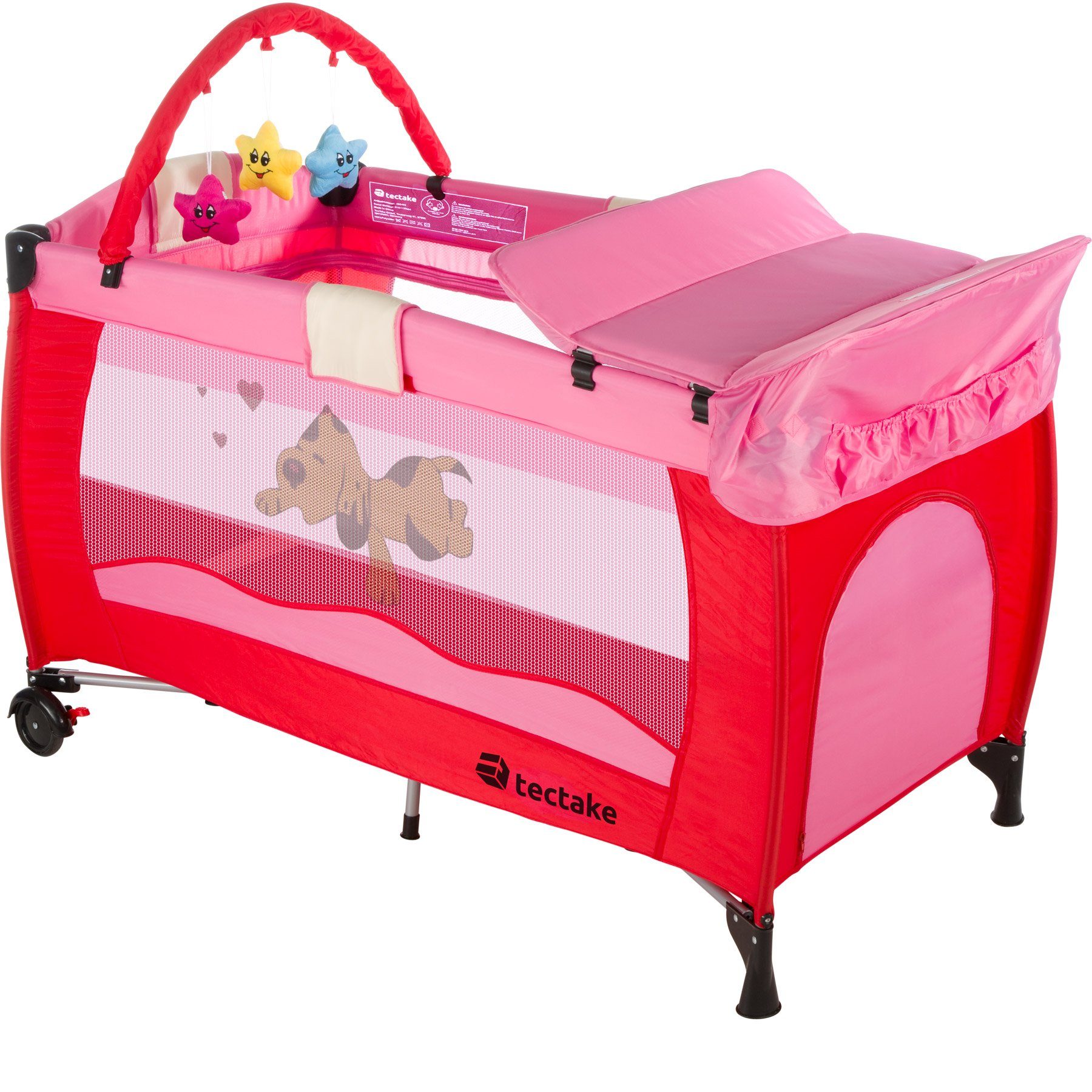 tectake Baby-Reisebett Kinderbett mit Wickelauflage und Transporttasche 132x75x104cm, mit großen Mesh-Einsätzen, Wickelauflage und Seiteneingang in pink