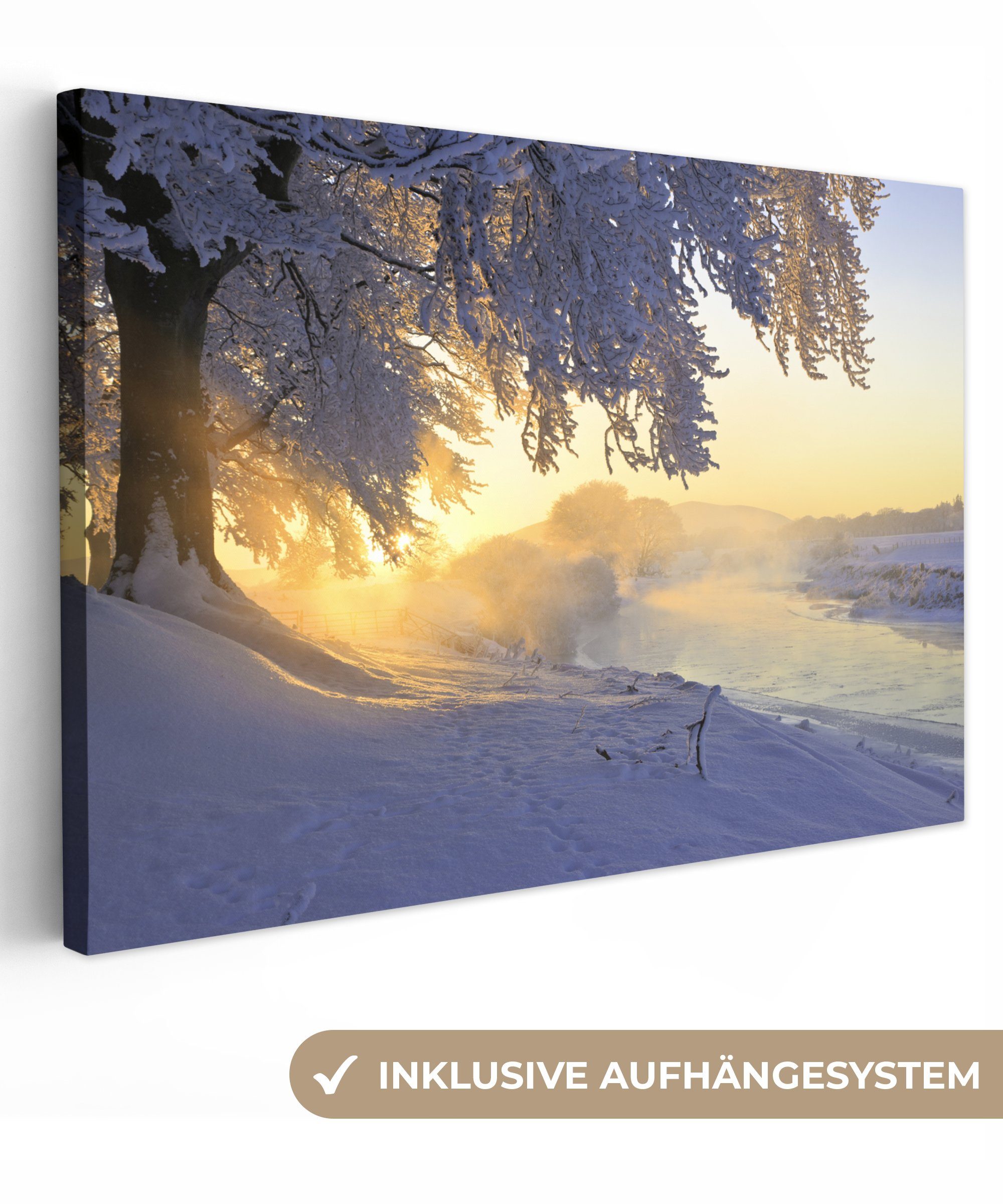 OneMillionCanvasses® Leinwandbild Ein verschneiter Baum mit Landschaft, (1 St), Wandbild Leinwandbilder, Aufhängefertig, Wanddeko, 30x20 cm