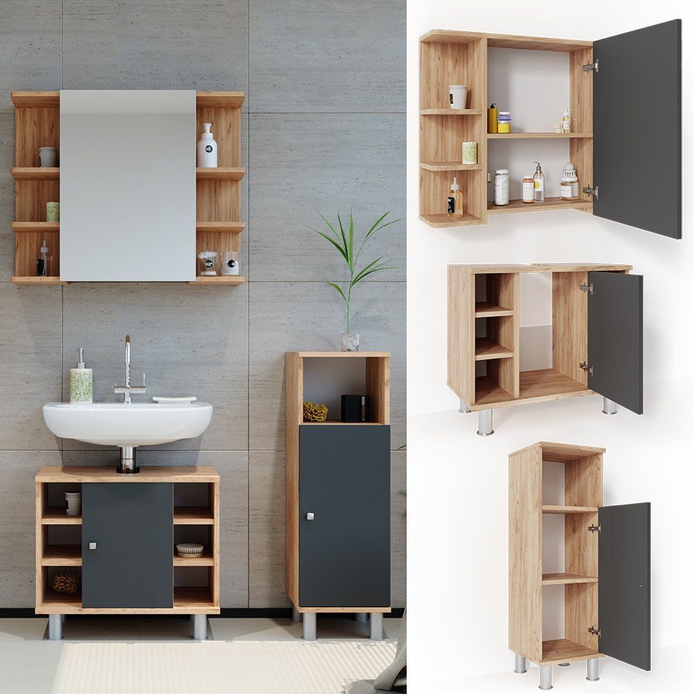 Vicco Badmöbel-Set Fynn, Eiche/Anthrazit, 3 Teile, günstig online kaufen