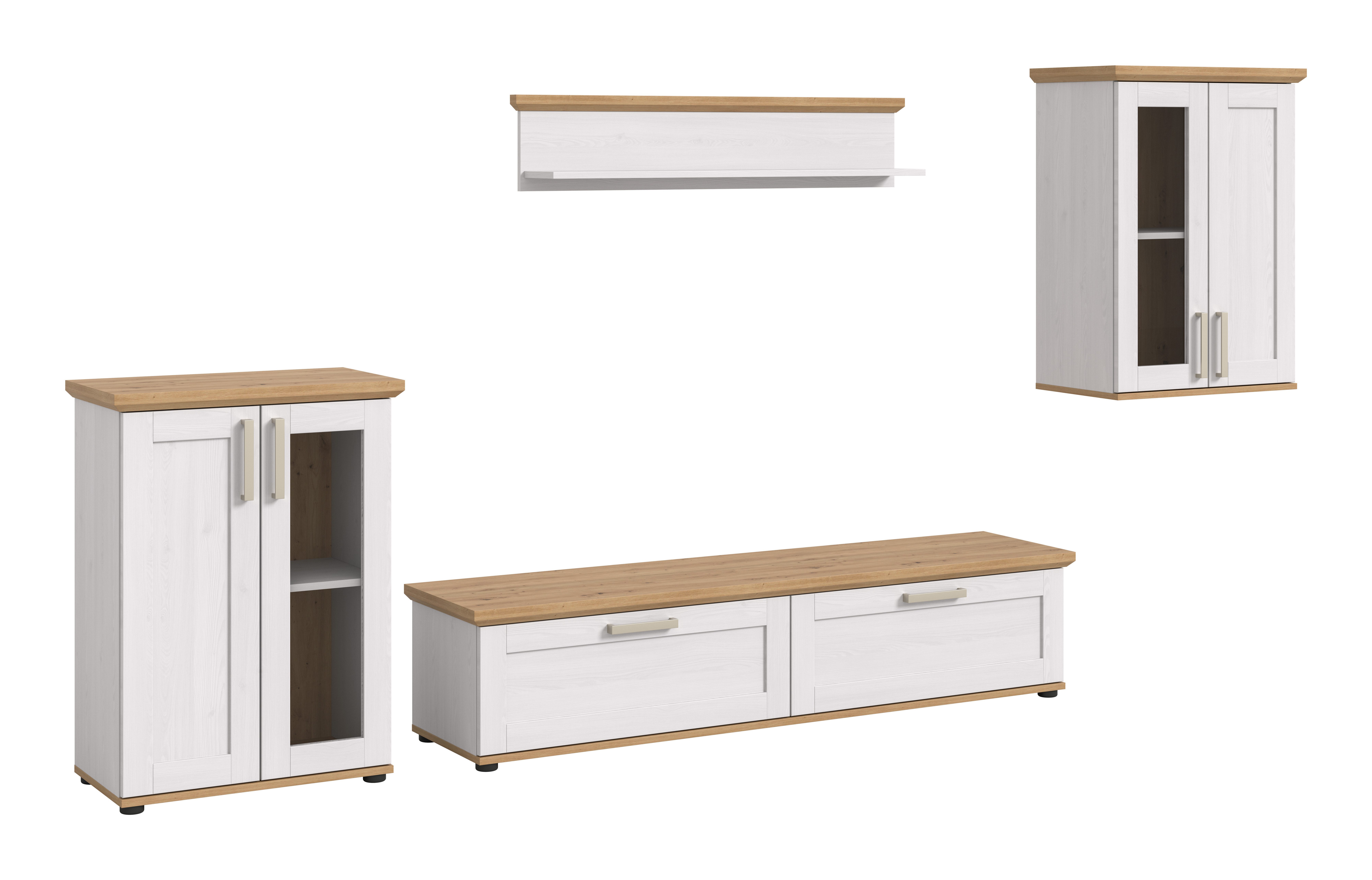 furnling Wohnzimmer-Set Viola, (4-St., bestehend aus Lowboard, 2 kleine Vitrinen, Wandboard), Wohnzimmerschränke, Absetzung in Artisan Eiche, Breite 316 cm