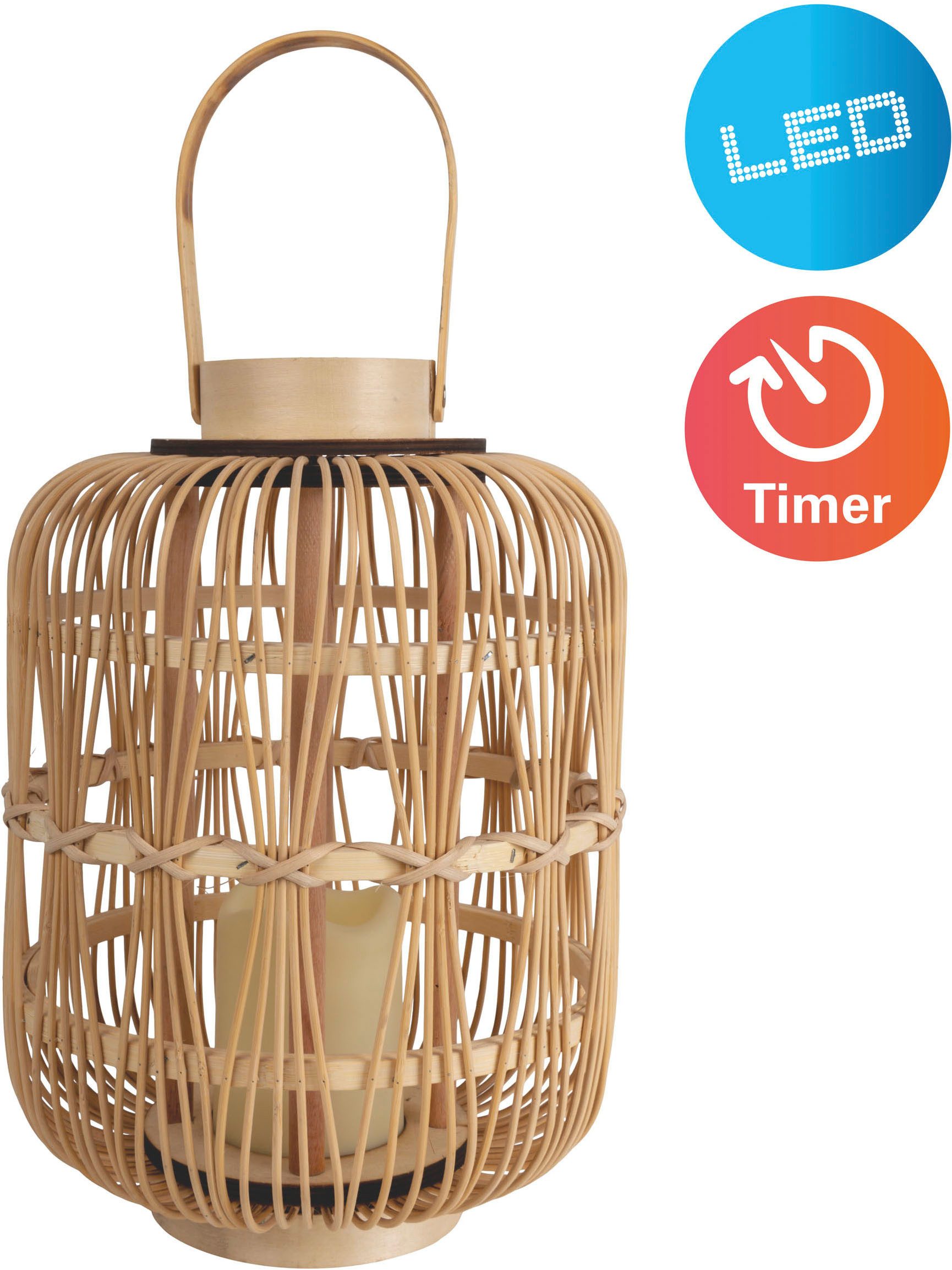 näve LED Dekolicht Korbinian, Timerfunktion, Leuchtmittel wechselbar, Warmweiß, Rattankorb natur mit Griff inkl. 1x LED-Kerze warmweiß, Timer, IP20