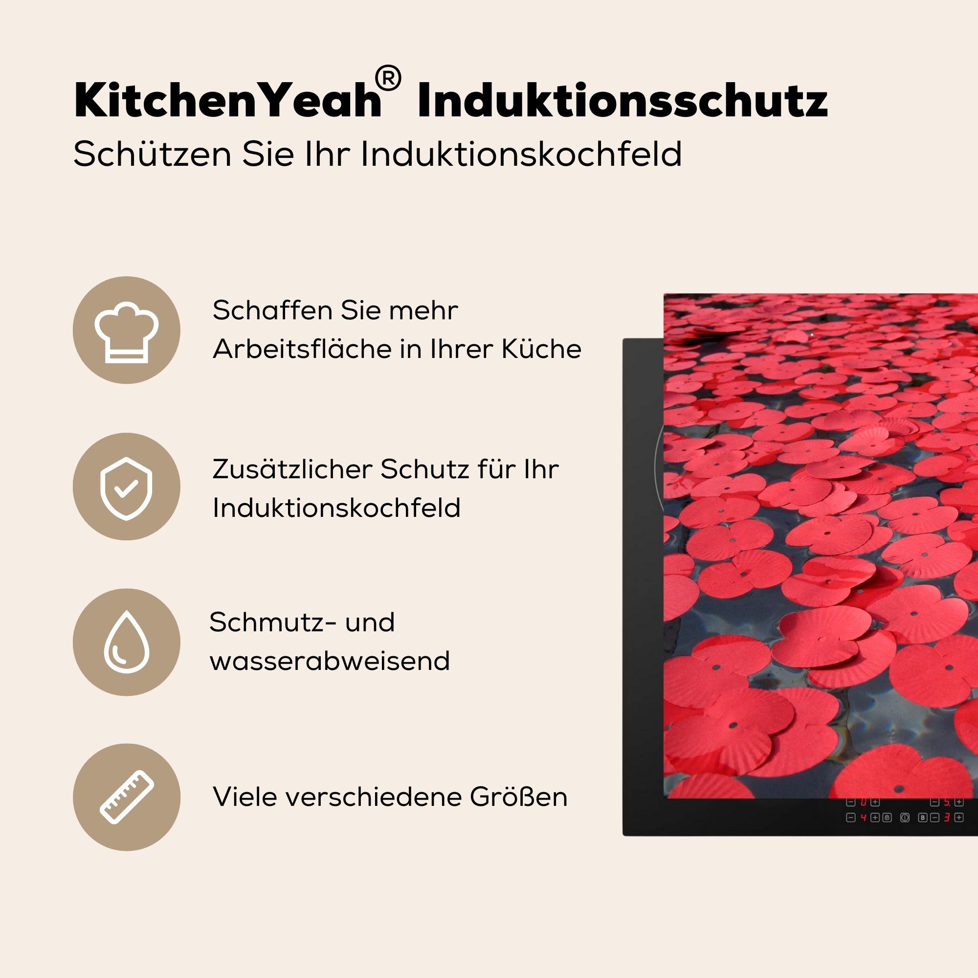 71x52 für küche, dem Schutz MuchoWow Induktionskochfeld Wasser, Vinyl, Ceranfeldabdeckung auf Roter die cm, Herdblende-/Abdeckplatte (1 Mohn tlg),