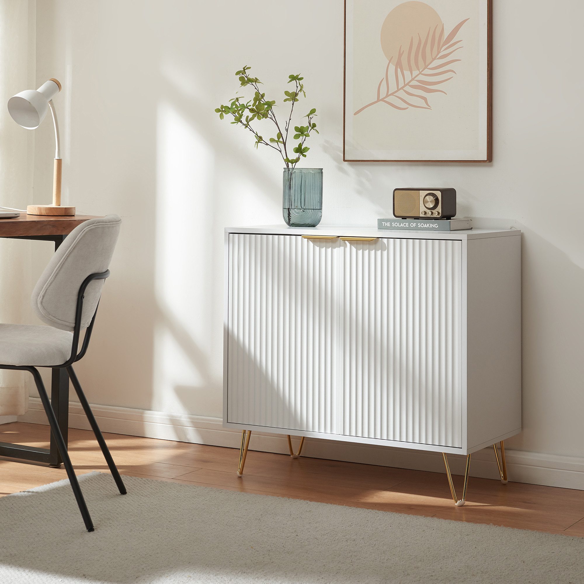 en.casa Mehrzweckschrank »Trondi« 75x80x40 cm mit 2 geriffelten Türen und 2 Fächern Weiß