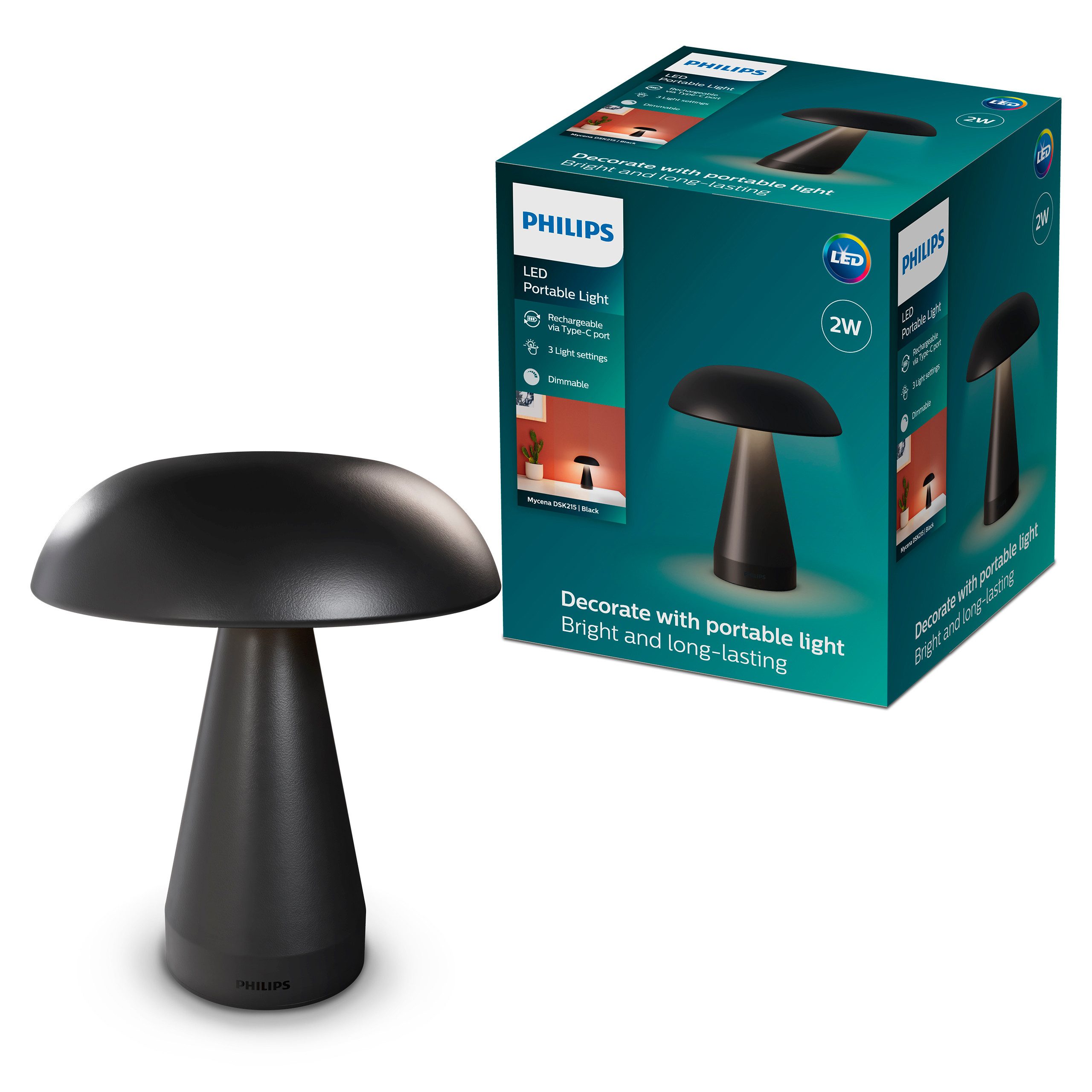 Philips LED Tischleuchte Mycena Pilzdesign, einstellbares Weißlicht, Touch-Dimmer, CCT - über Fernbedienung, Dimmer, Dimmfunktion, USB-Anschluss mit Ladefunktion, mehrere Helligkeitsstufen, LED fest integriert, warmweiß - kaltweiß, 150 lm, Akku 1800 mAh