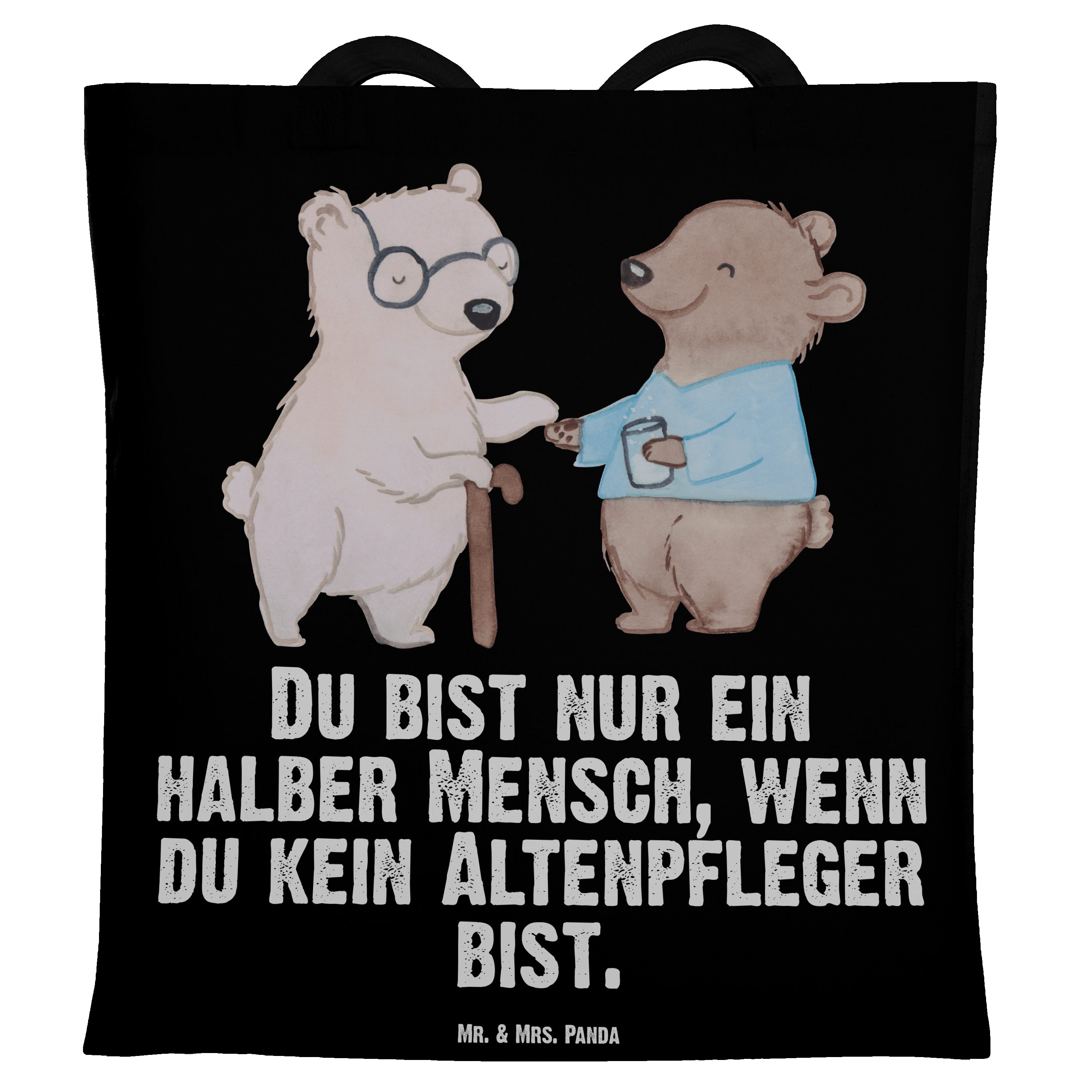 Mr. & Mrs. Panda Tragetasche Altenpfleger mit Herz - Schwarz - Geschenk, Altenheim Eröffnung, Eink (1-tlg) | Canvas-Taschen