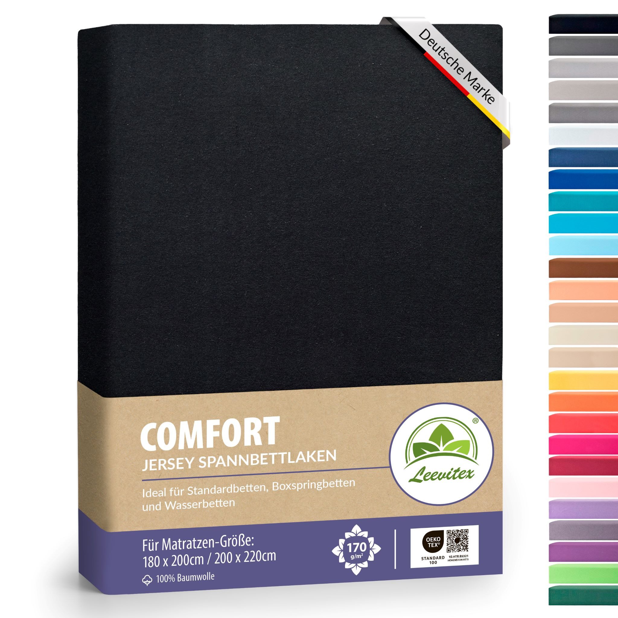 leevitex® Spannbettlaken 180x200 cm - 200x220 cm, Stoffgewicht 170 g/m², 40 cm Steghöhe, Jersey, Gummizug: rundum, (1 Stück), verschiedene Farben, OEKO-TEX® STANDARD 100 zertifiziert