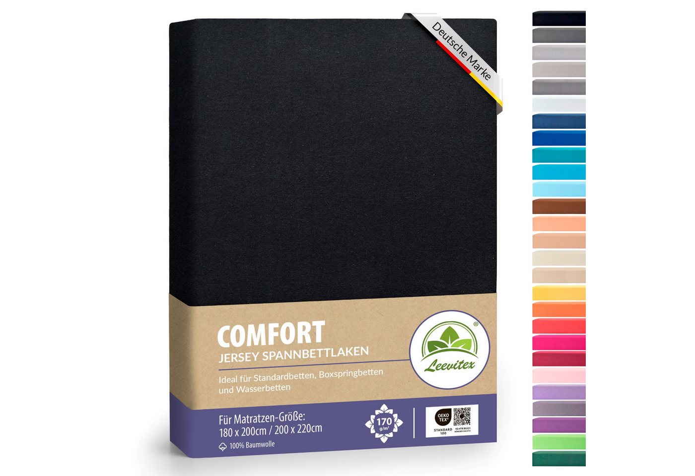 leevitex® Spannbettlaken 180x200 cm - 200x220 cm, Stoffgewicht 170 g/m², 40 cm Steghöhe, Jersey, Gummizug: rundum, (1 Stück), verschiedene Farben, OEKO-TEX® STANDARD 100 zertifiziert