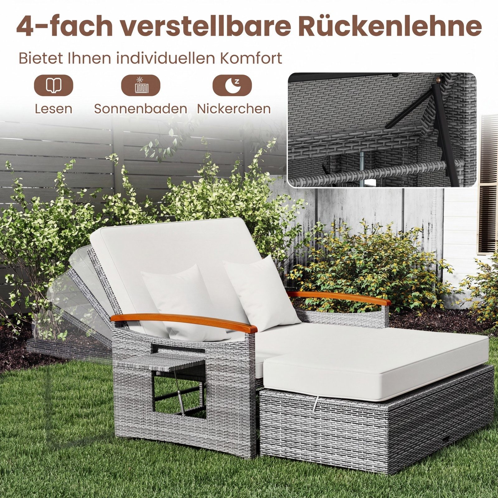KOMFOTTEU Loungebett Gartensofa Gartenlounge, mit Liegefunktion, Stauraum, aus Rattan