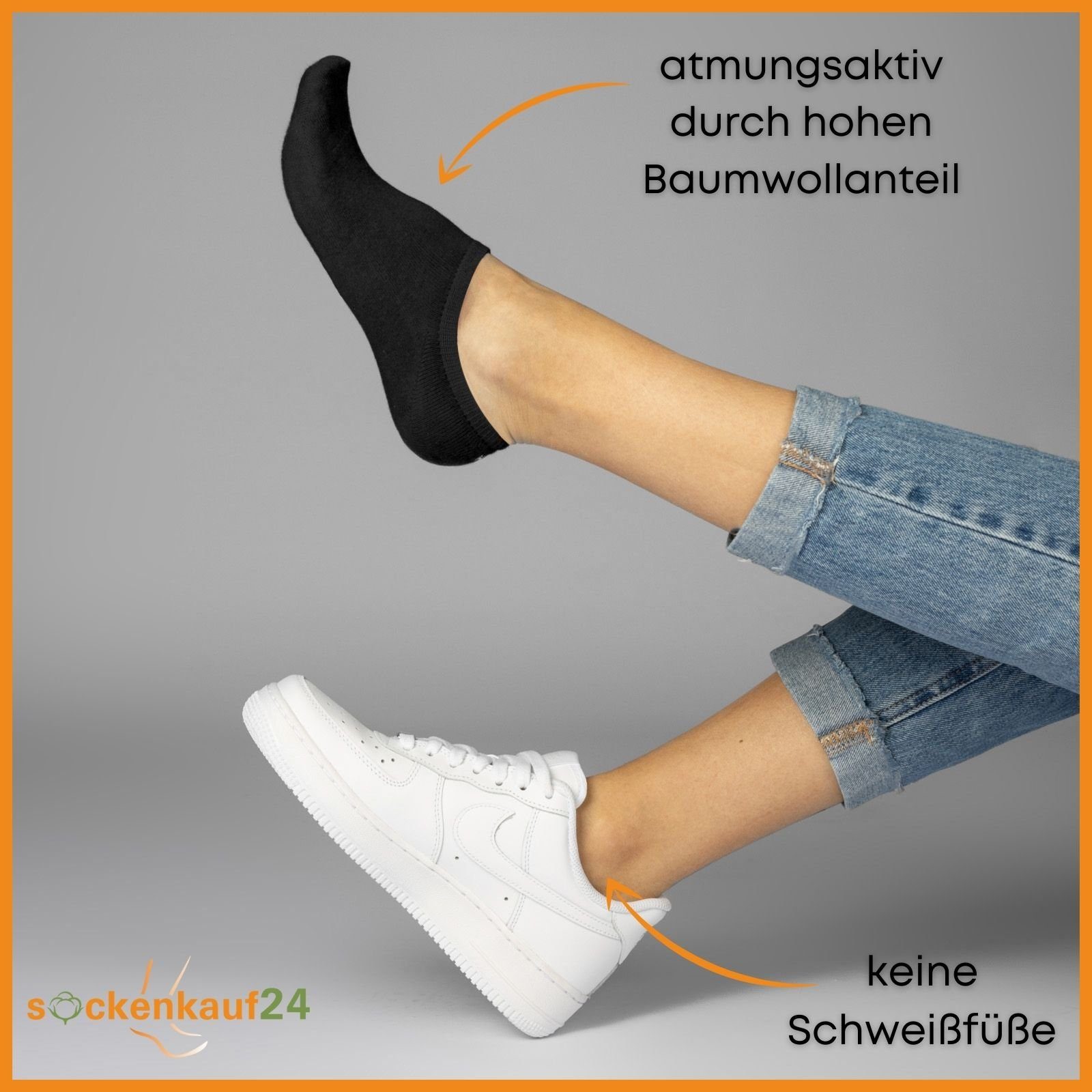 sockenkauf24 Sneakersocken 10 Paar Damen & Herren Füßlinge unsichtbare kurze Socken (Schwarz, 43-46) mit Silikonpad gegen Verrutschen - 16805 WP