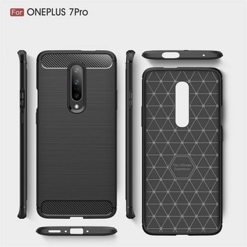 CoverKingz Handyhülle OnePlus 7 Pro Handy Hülle Silikon Cover Schutzhülle Case Carbonfarben, Carbon Look Brushed Design