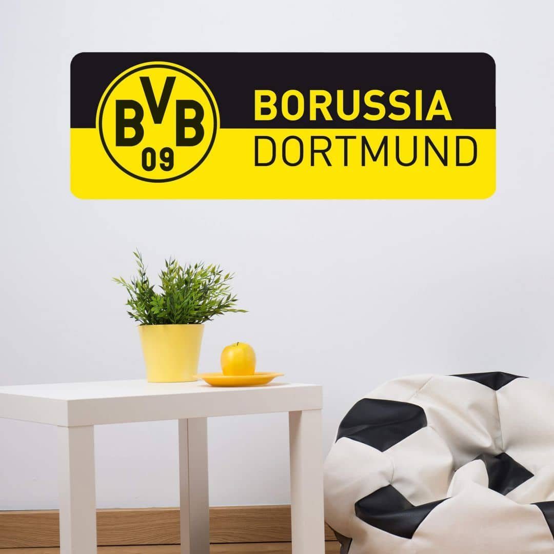 Borussia Dortmund Wandtattoo Fußball Wandtattoo Gelb, Schriftzug Schwarz Banner Wandbild Borussia BVB selbstklebend, Dortmund 09 entfernbar