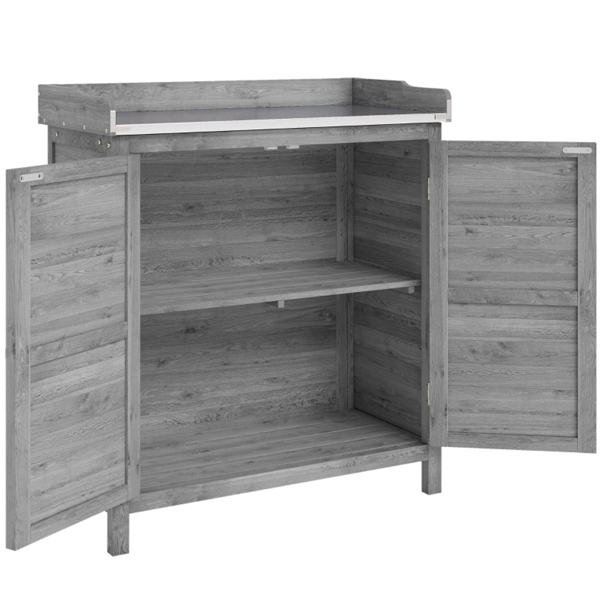 MC Star Garten-Geräteschrank Gartenschrank mit Pflanztisch, Holz Geräteschuppen, (mit verzinkter Arbeitsplatte 2 Regalböden Grau)