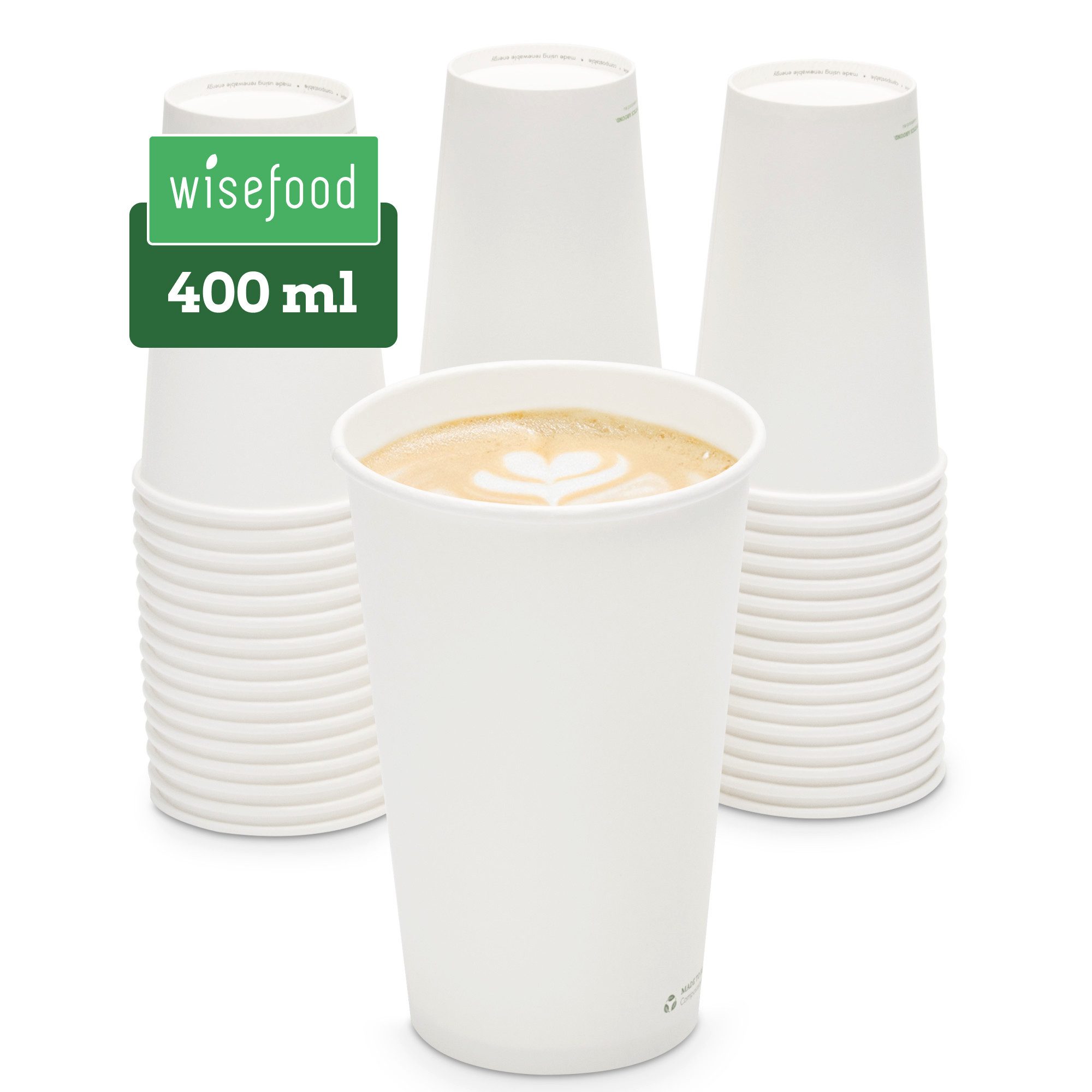 wisefood Einwegbecher 50-tlg., Bio-Pappbecher, 400 ml, kompostierbar, einwandig, weiß, 50-tlg., Papier