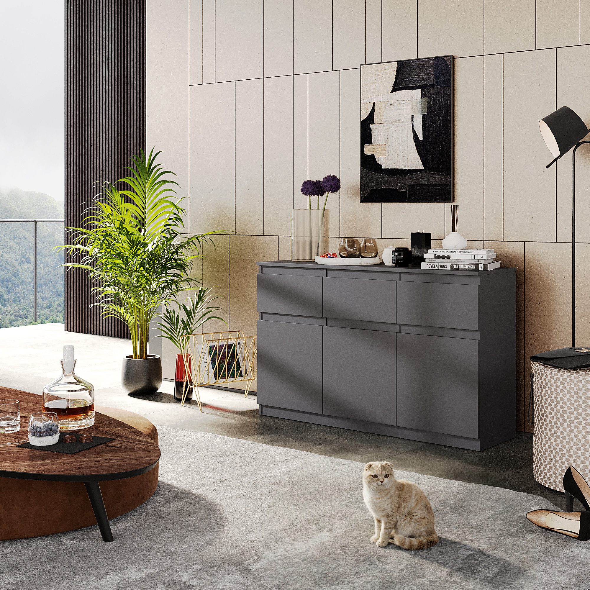 Furnica Kommode Anthrazit 120 cm mit 3 Schubladen und 3 Türen- Wohn-und Schalfzimmer – Bild 2 von 5