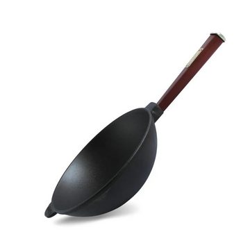 4BIG.fun Wok Wokpfanne 2,2 L Gusseisen Wok Schmortopf 24 cm, Gusseisen (Asia Wok - Grillpfanne), Holzgriff abschraubbar, Induktionsgeeignet