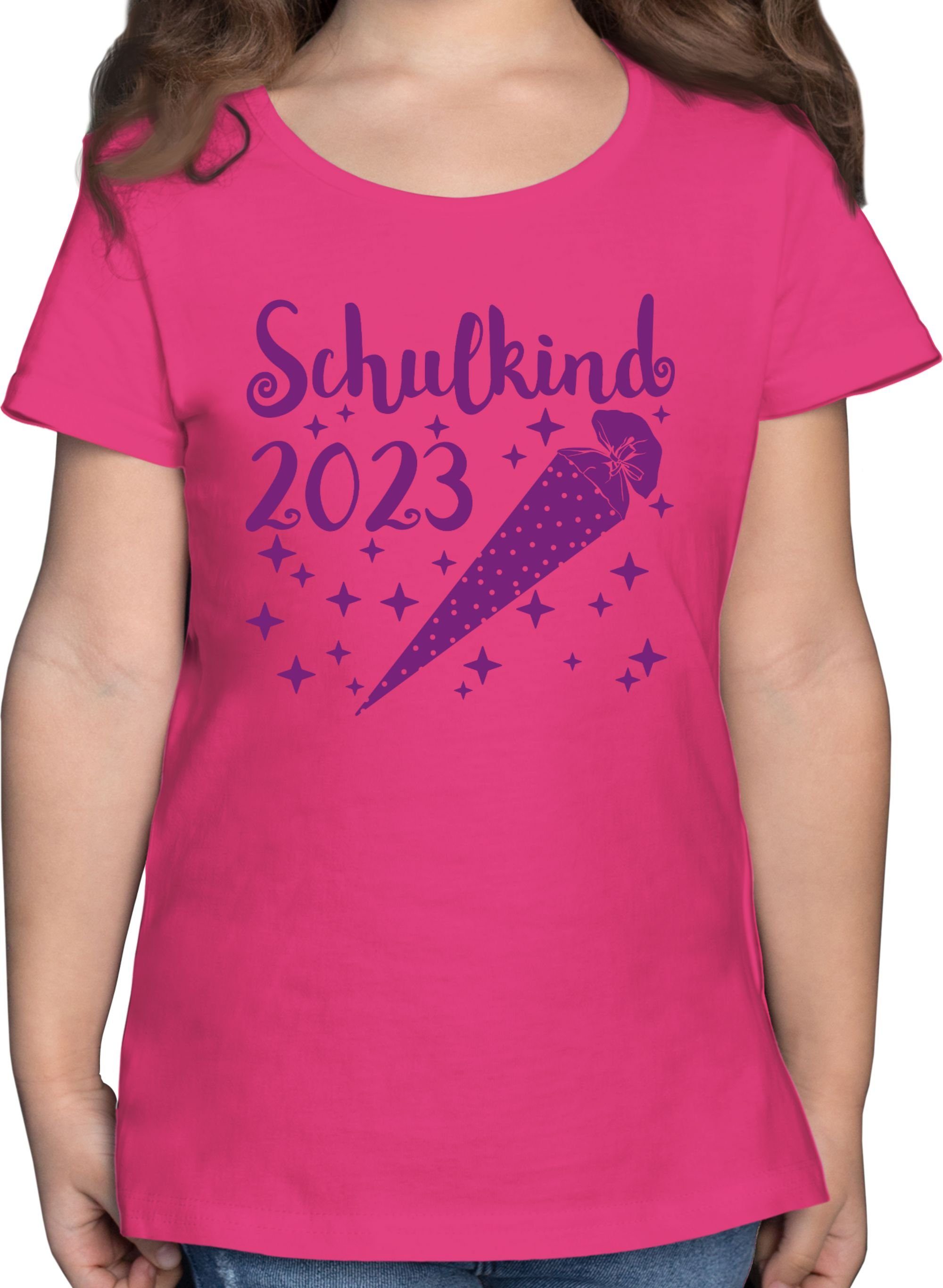 Shirtracer T-Shirt Schulkind 2023 - Schultüte und Sternchen - lila Einschulung Mädchen 3 Fuchsia