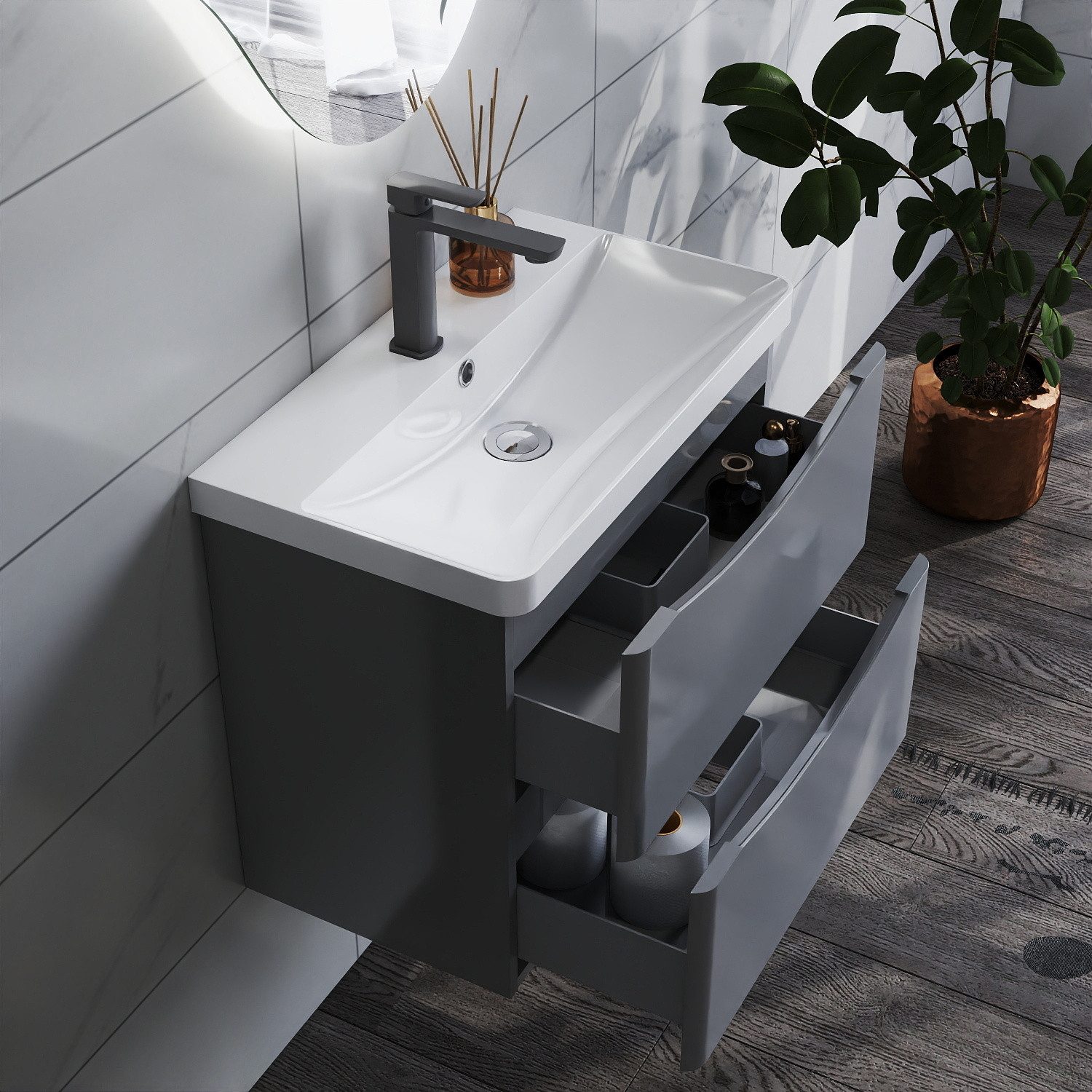 duschspa Waschtisch 50/60/80/100/120 cm Waschbecken mit Unterschrank (Smiley), Hochglanz Weiß/Dunklegrau