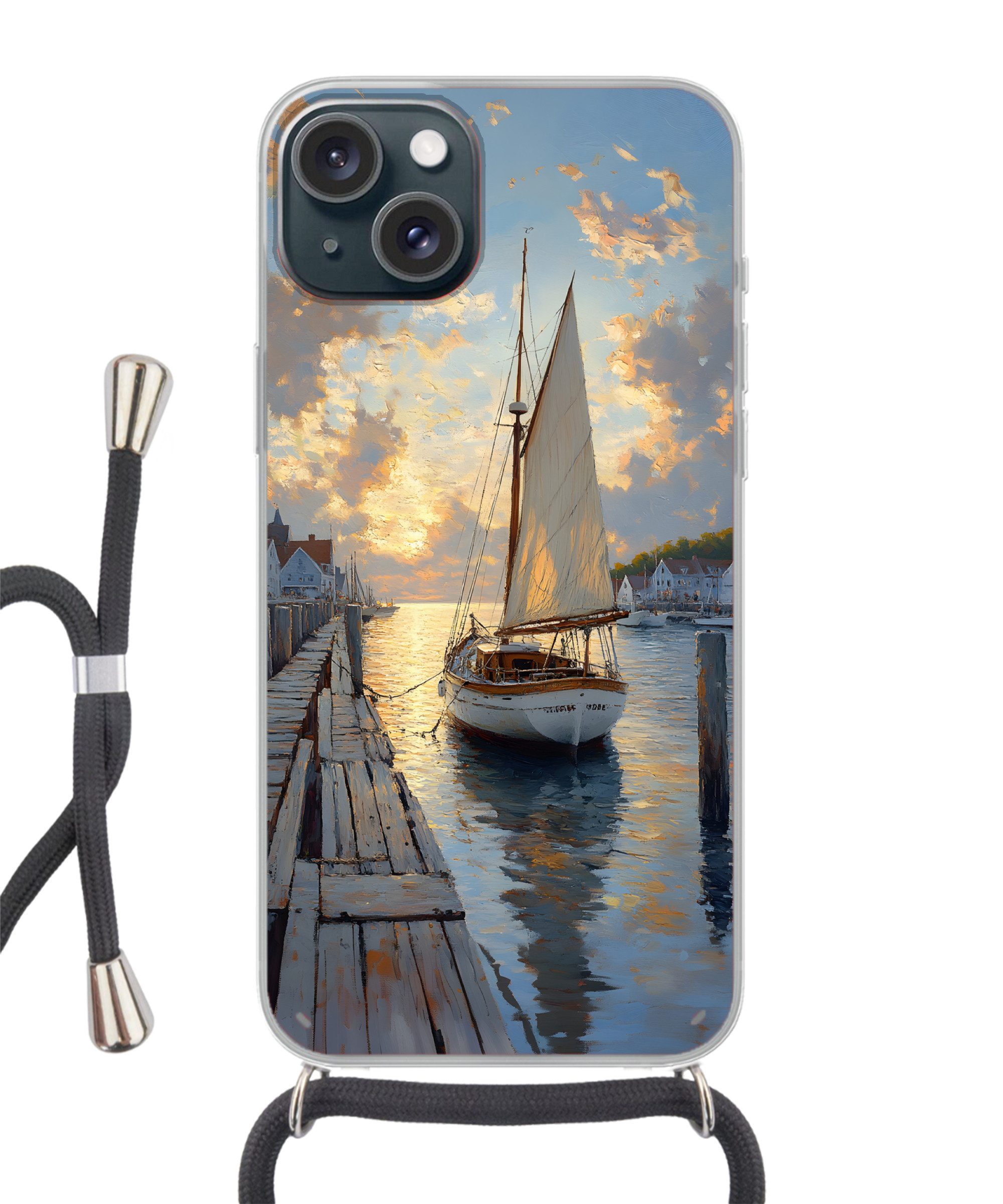 MuchoWow Handyhülle für Apple iPhone 15 Segelboot - Sonne - Pier - Holz, Tragbare Handyhüllen mit Kette zum umhängen, Handykette Handyband