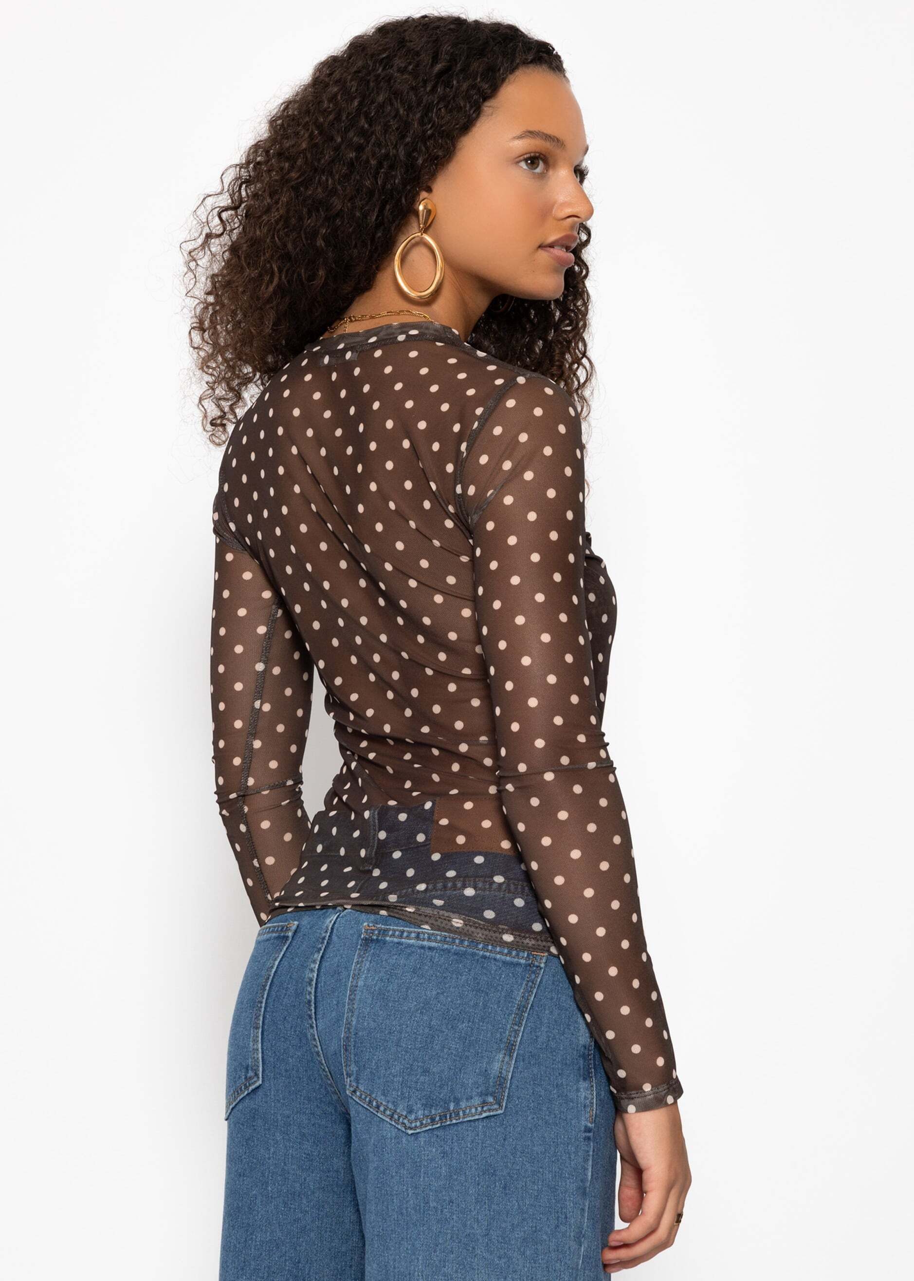 SASSYCLASSY Langarmshirt Mesh Langarmshirt mit Punkten für Damen Anliegendes Shirt aus Mesh mit gefütterter Vorderseite Beige Schwarz