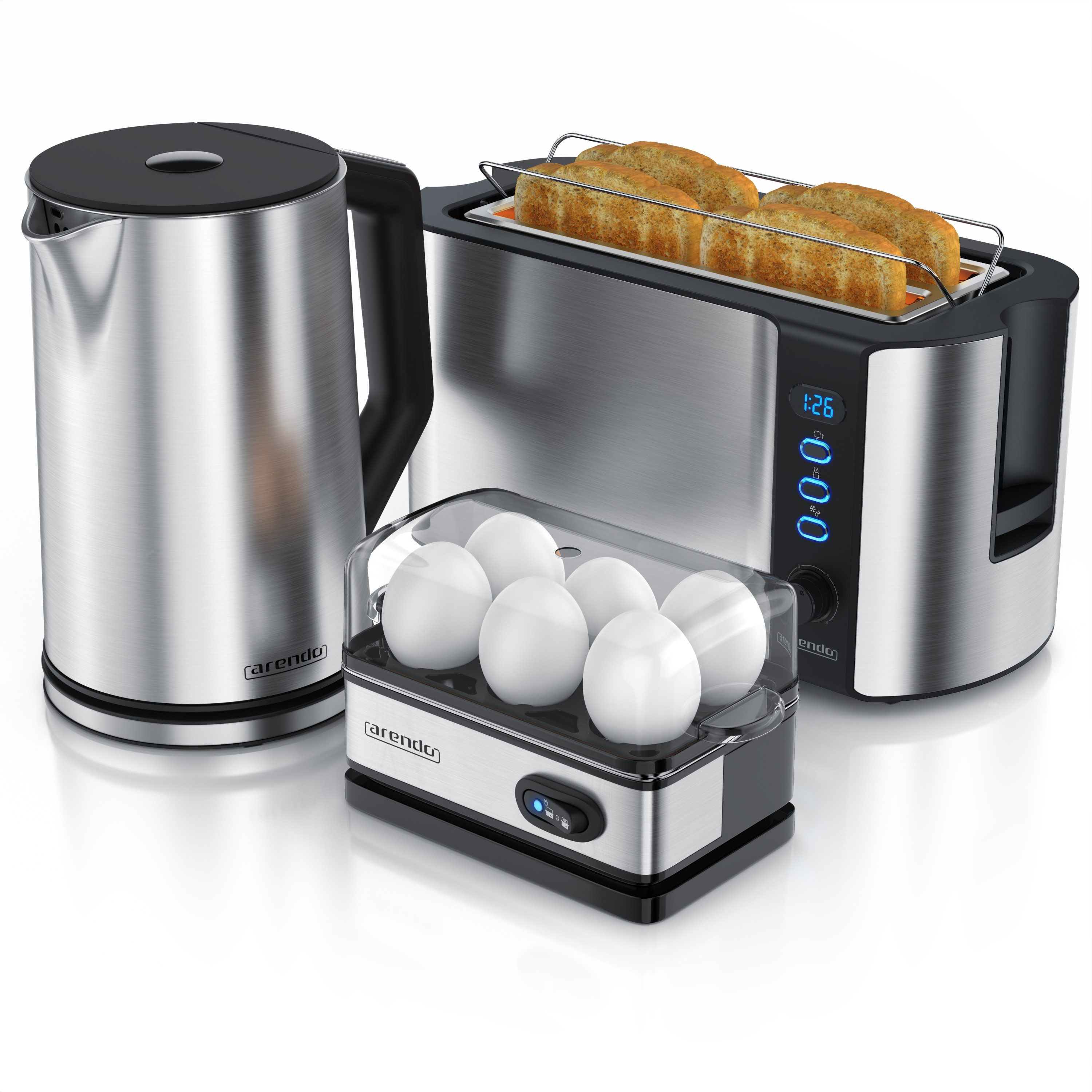 Arendo Frühstücks-Set (3-tlg), Wasserkocher 1,5l, 4-Scheiben Toaster, 6er Eierkocher, Silber