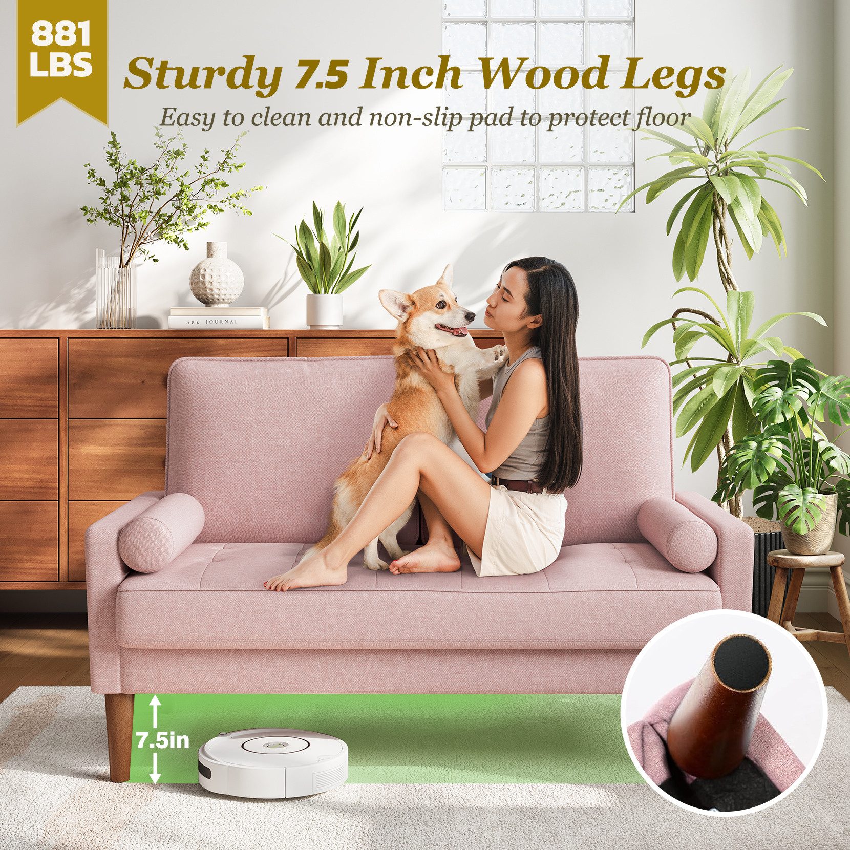 OUNUO Sofa 121cm Kleines Loveseat Sofa Couch aus Samt und Leinen mit 2 Zierkissen – Bild 4 von 5