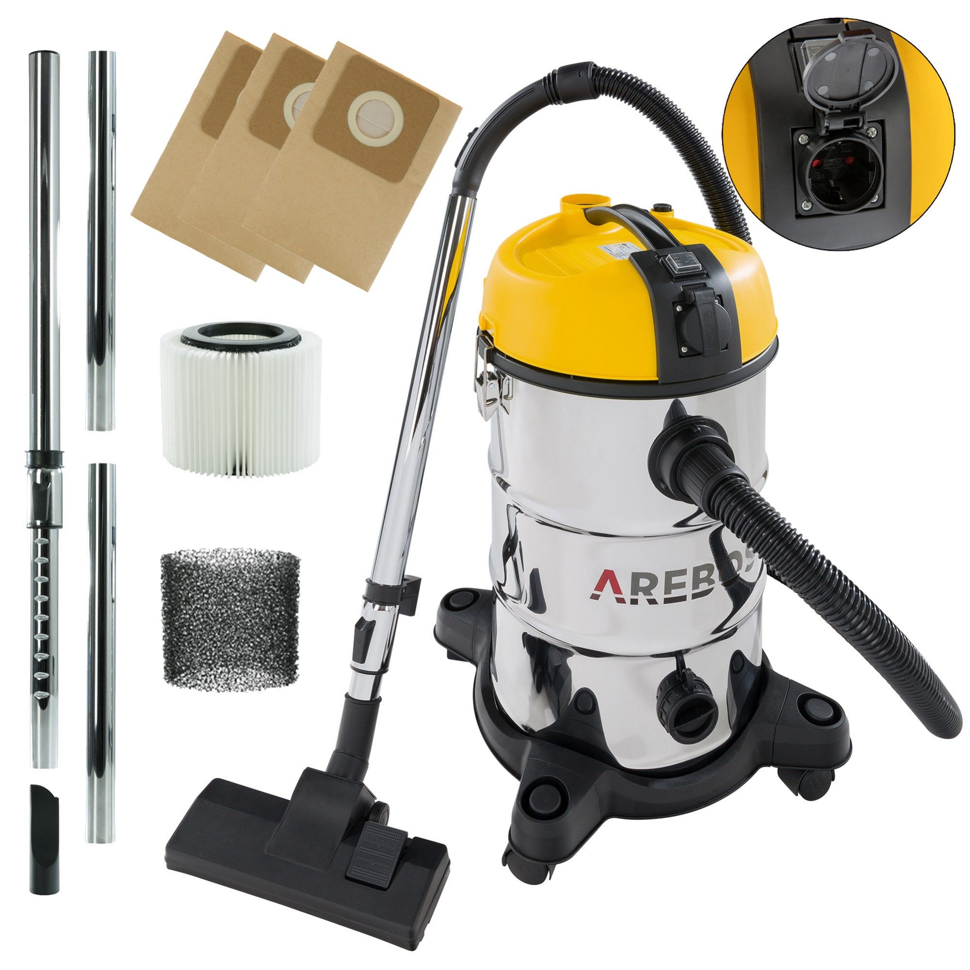 Arebos Industriesauger 5in1, Nass-& Trockensauger, 1300W, 30 L, 1300 W, 360° Rollen für optimale Rangierbarkeit