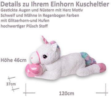 Kuscheltier großes XXL Einhorn Regenbogen Plüschtier Stofftier Unicorn 120cm weiß