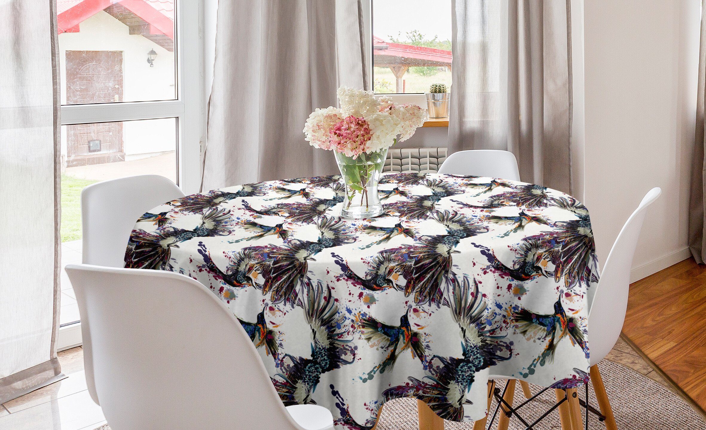Abakuhaus Tischdecke Kreis Tischdecke Abdeckung für Esszimmer Küche Dekoration, Aquarell Lilly mit Vögeln