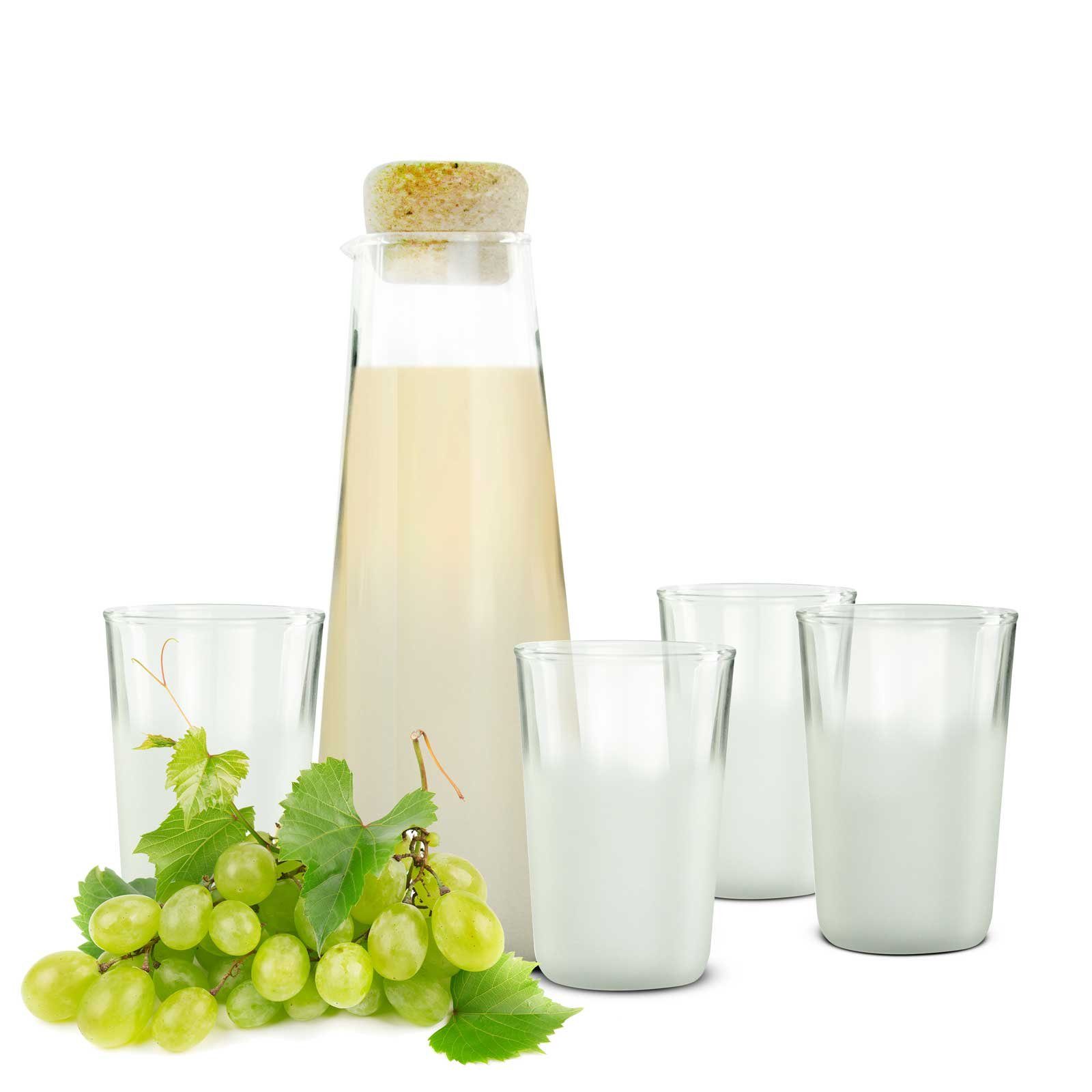 Sendez Tumbler-Glas 4 Trinkgläser + Glaskaraffe mit Korkdeckel Weinkaraffe Saftgläser, 5-tlg., Glas