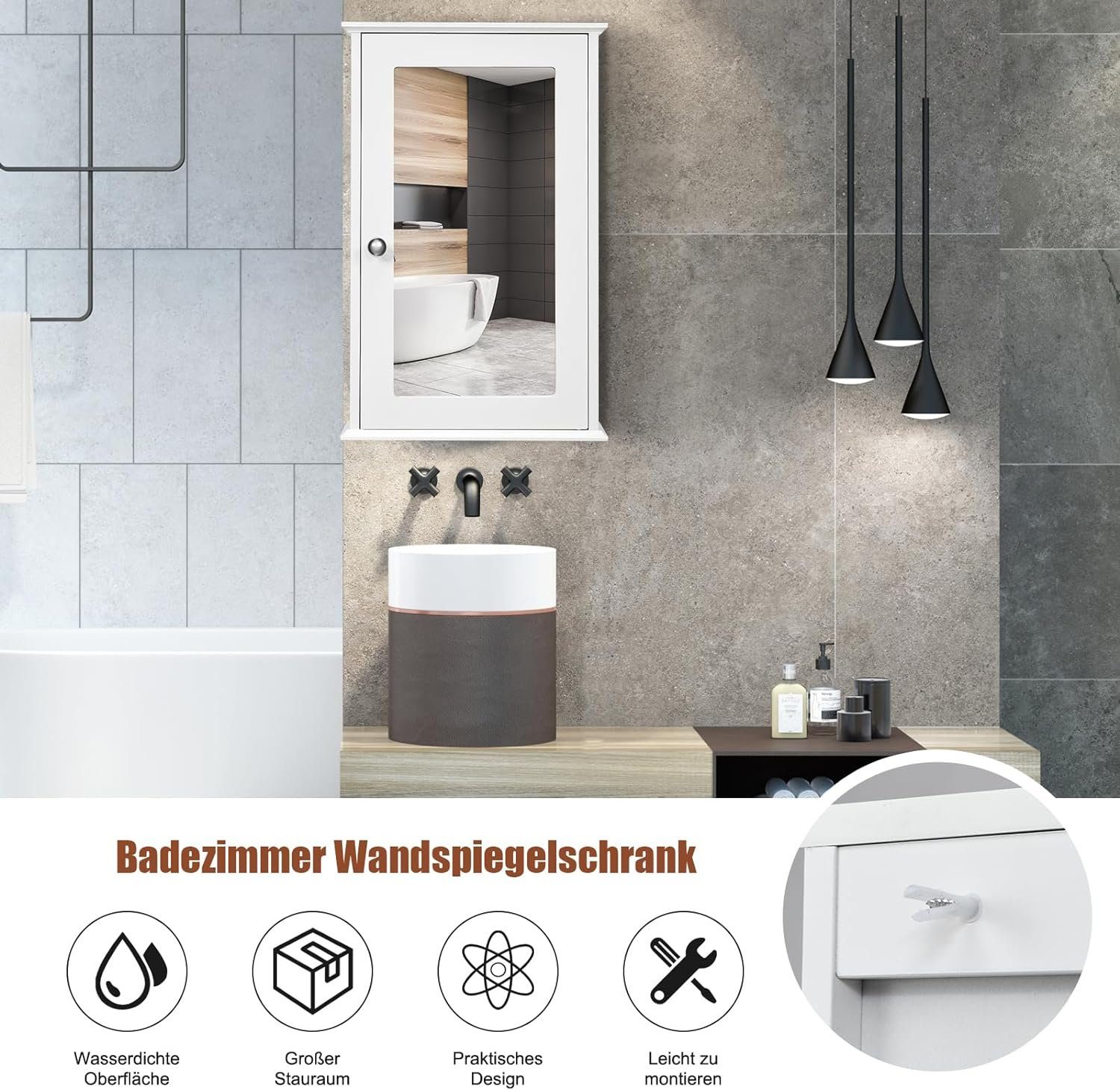KOMFOTTEU Spiegelschrank mit Verstellbarer Ablage 34 x 15 x 53 cm