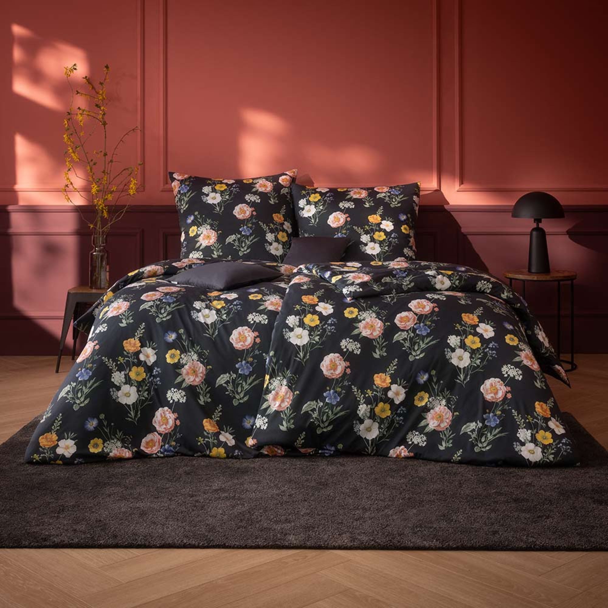 Estella Bettwäsche Estella Mako Jersey Bettwäsche 135x200 Fiona gelb schwarz Flowerpower, Mako-Jersey, 2 teilig, für Sommer und Winter