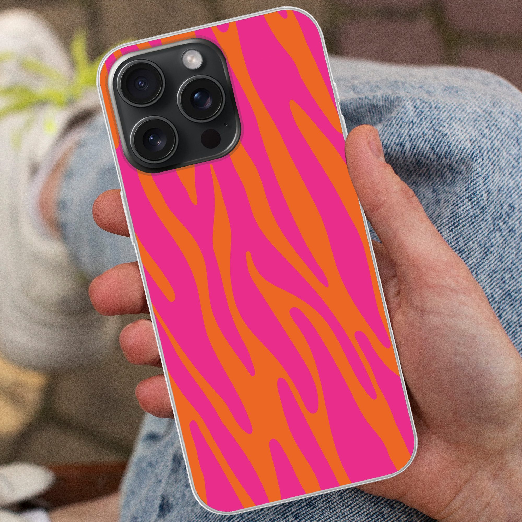 MuchoWow Handyhülle für Apple iPhone 15 Pro Max Zebramuster - Rosa - Orange - Tiermuster, Smartphone-Bumper, Print, Handy Schutzhülle Dünn
