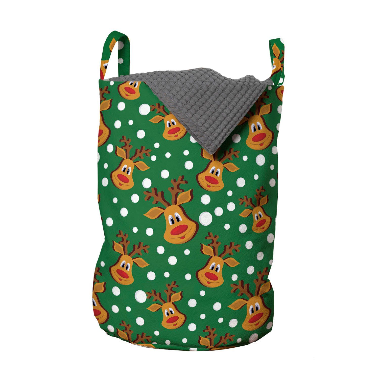 Abakuhaus Wäschesäckchen Wäschekorb mit Griffen Kordelzugverschluss für Waschsalons, Grünes Weihnachten Cartoon Deer Schneeflocken