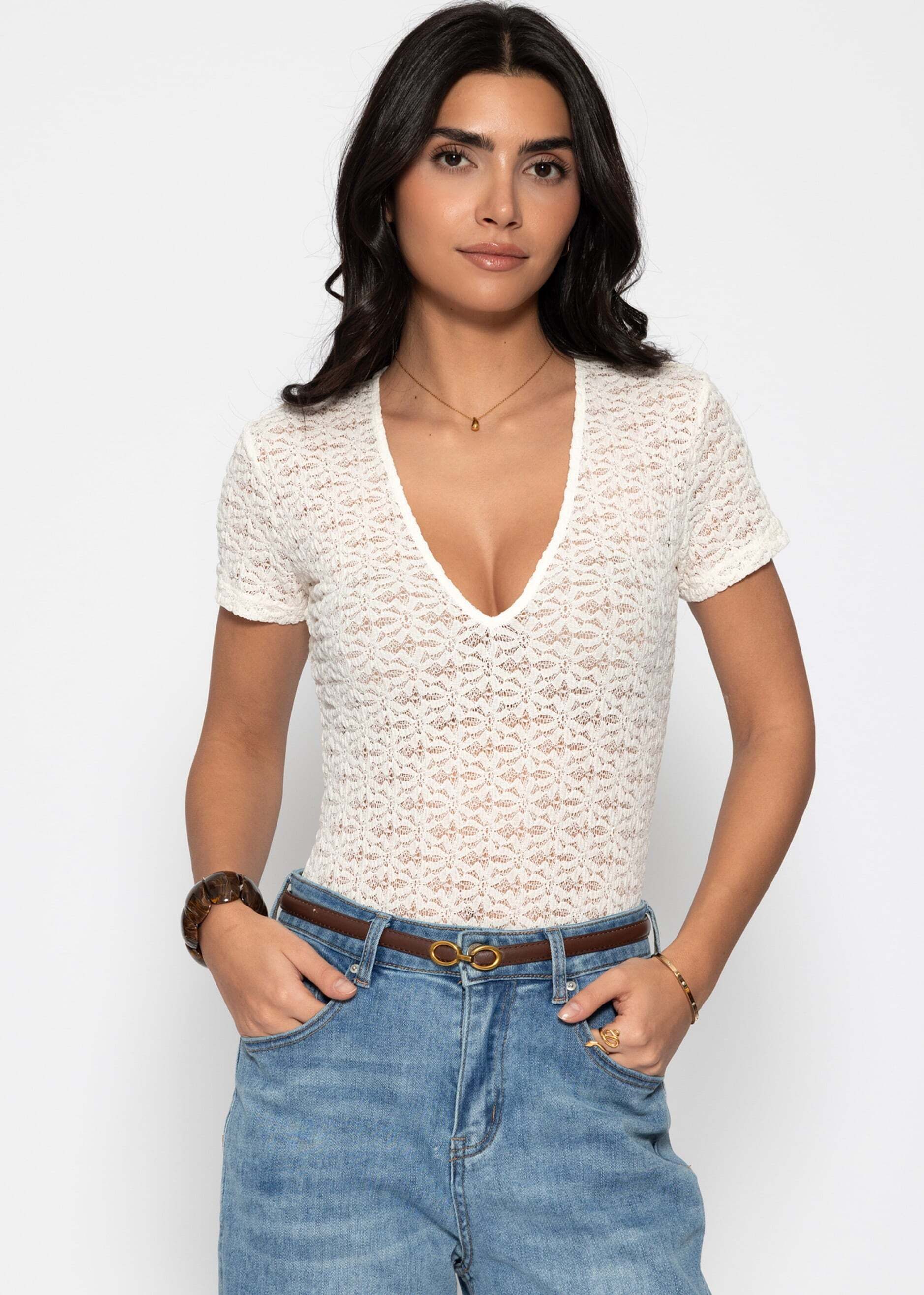 SASSYCLASSY Body Kurzarm Body aus floraler Spitze für Damen Zarter Body mit tiefem V-Ausschnitt und Druckknöpfen
