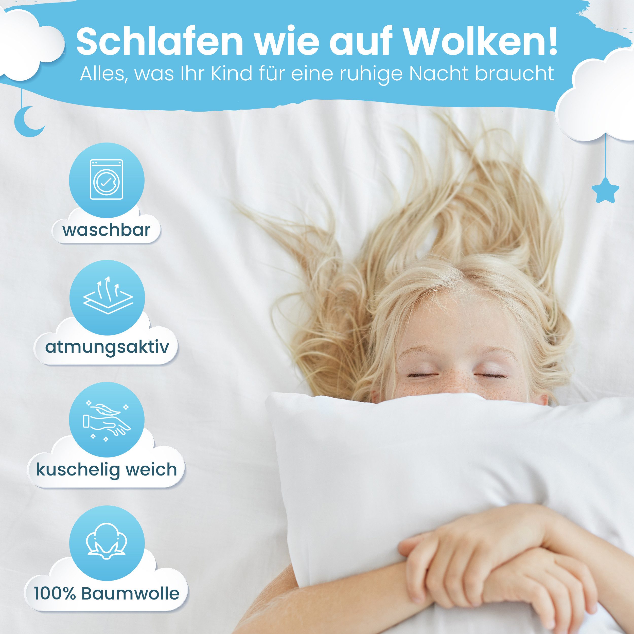 Gentle North Kopfkissen Flaches Kinderkopfkissen ab 2 Jahre mit Baumwollbezug, Füllung: 100% Polyester, Bezug: Baumwolle, Seitschläfer, Bauchschläfer, Rückenschläfer, Seitenschläfer