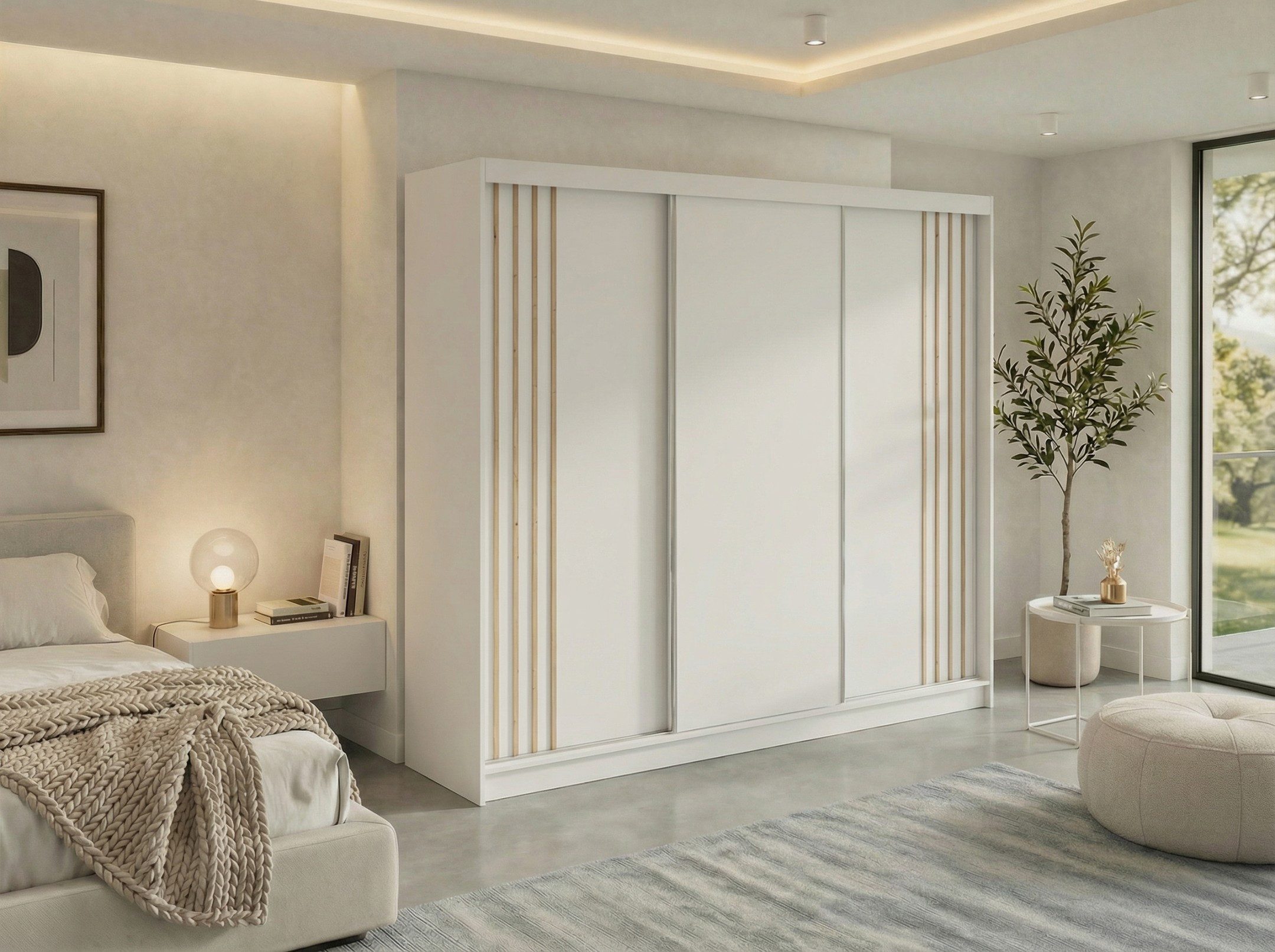 MKS MÖBEL Schiebetürenschrank NAURU 240 (wahlweise mit Schubladen/ohne, Kleiderschrank mit Einlegeböden) Schwebetürenschrank 240 cm breite, Kleiderschrank, Lamellen