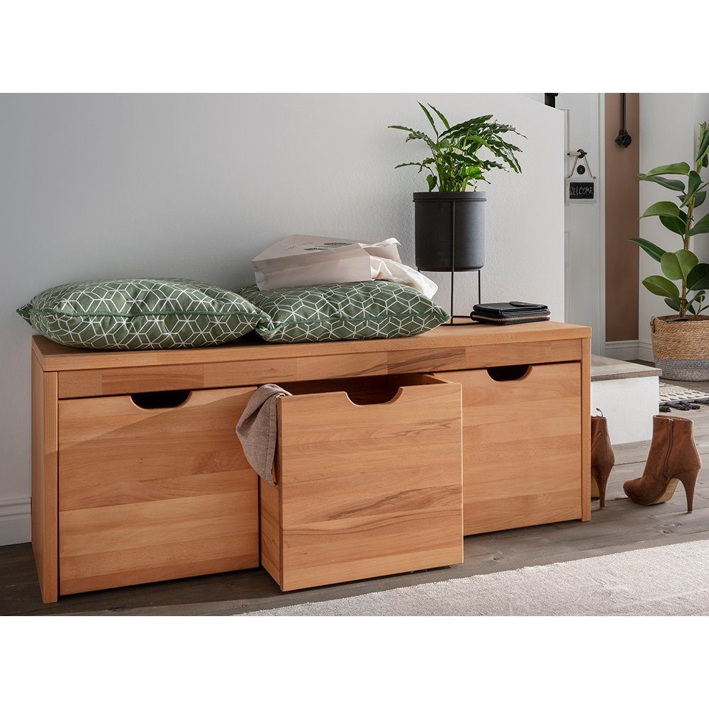 Lomadox Schuhbank CUENCA-137, 120 cm breit, Buche Massivholz, 3 Schubkästen mit Rollen