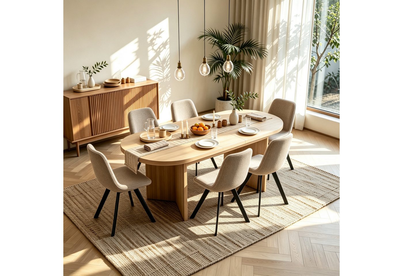 WILLIAMSPACE Essgruppe 7‑tlg Essgruppe, oval ausziehbarer Esstisch +6 Stühle, Bestehend aus einem Tisch und 6 Stühlen